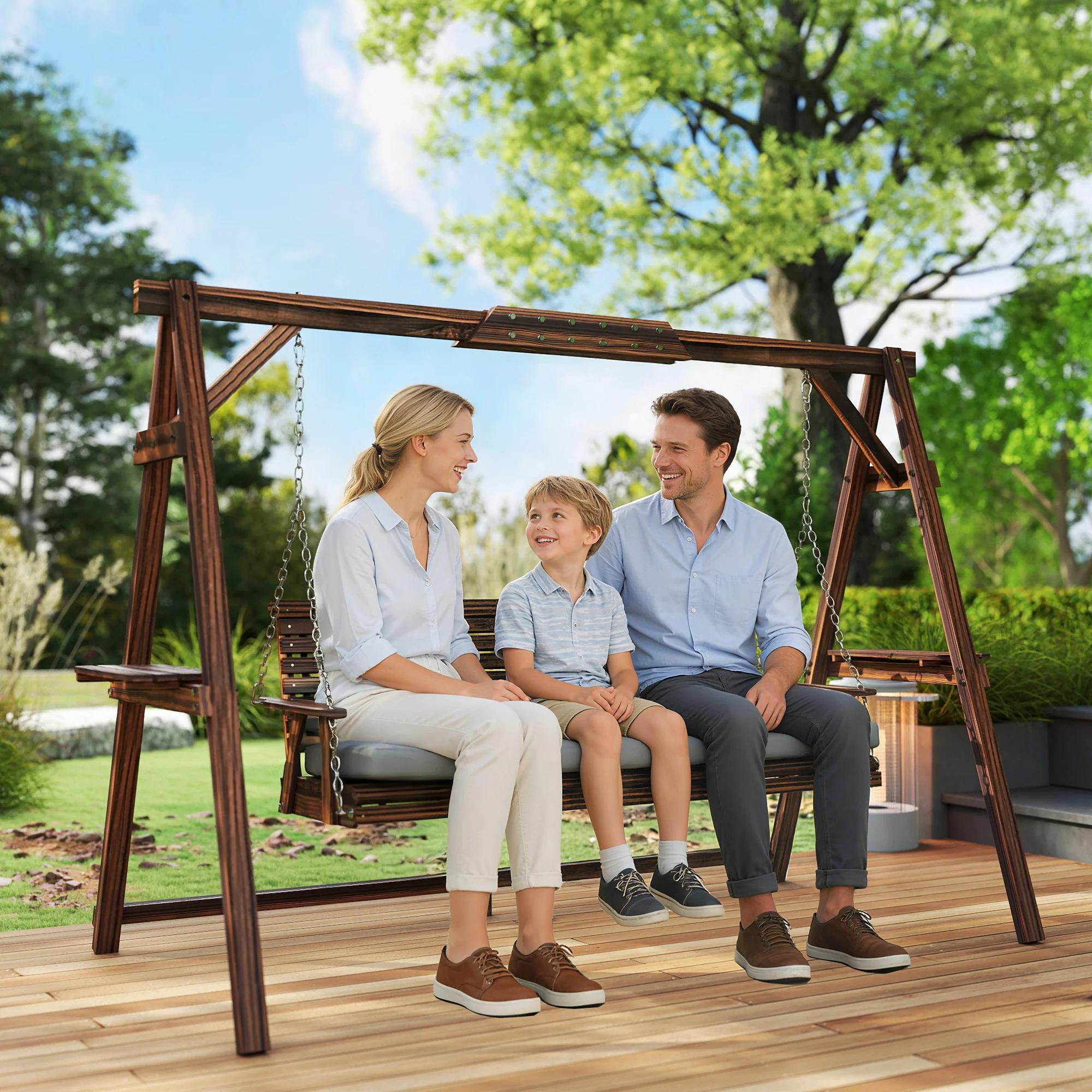 3 Seater Wooden Garden Swing Seat with Cushion and Side Trays, Carbonised Brown - Image 11
