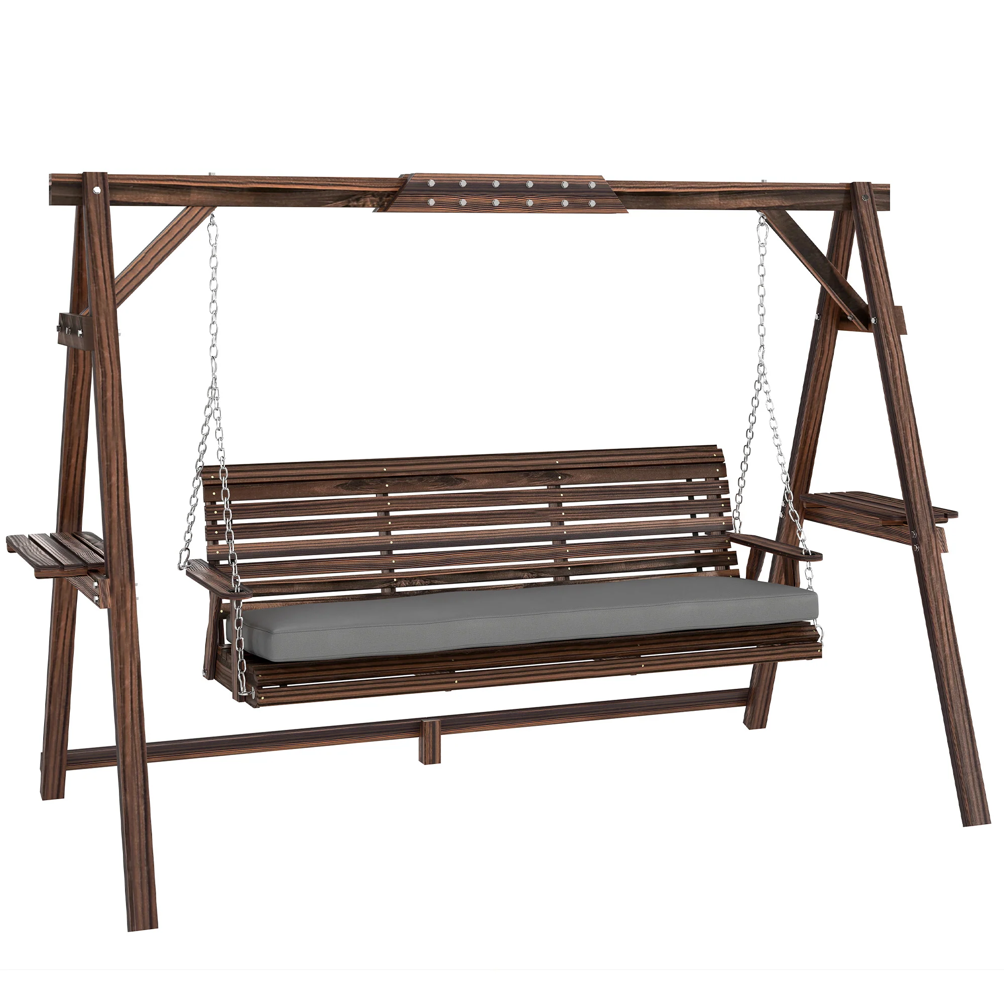 3 Seater Wooden Garden Swing Seat with Cushion and Side Trays, Carbonised Brown - Image 12