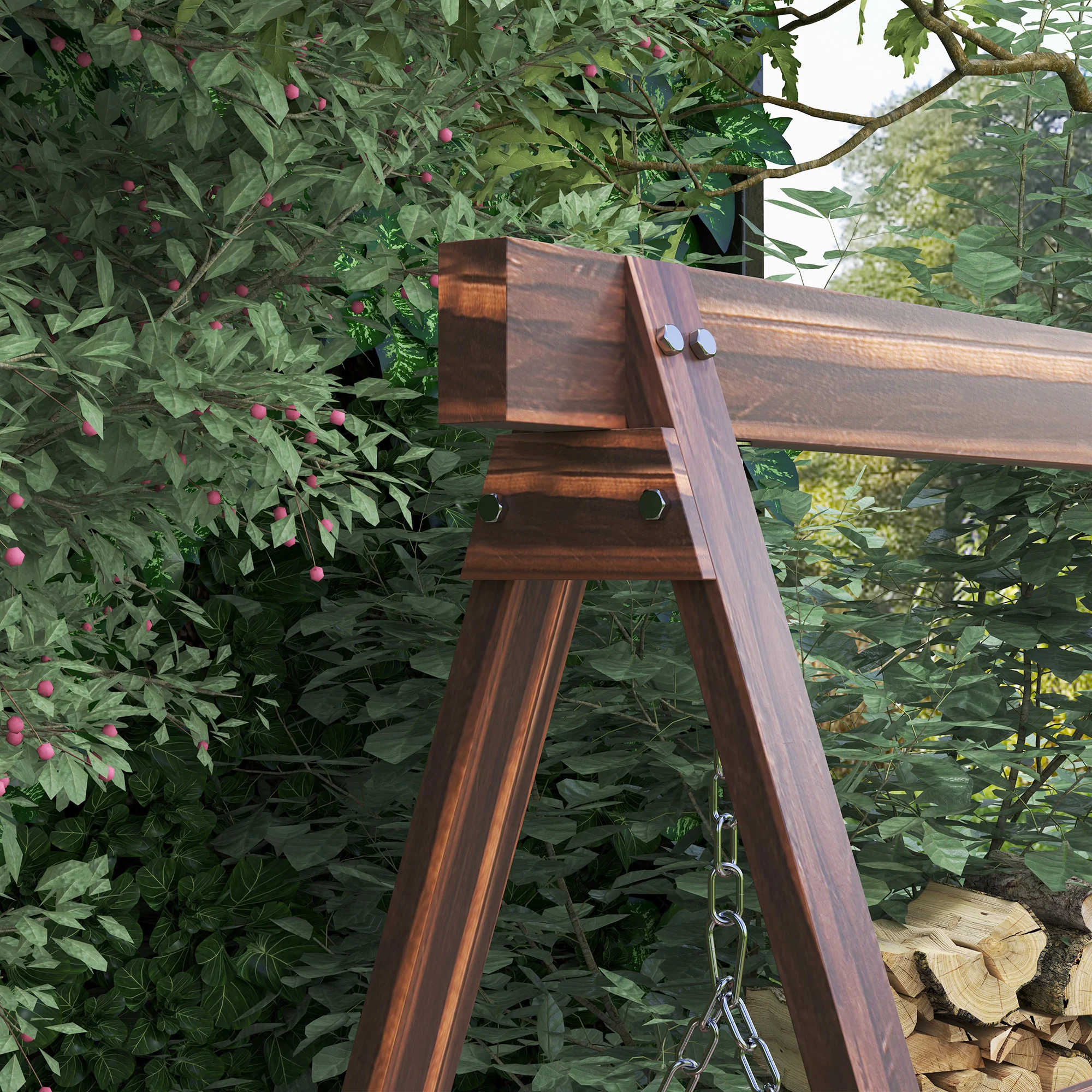 3 Seater Garden Wooden Swing Chair with Side Tables and Metal Chains, Carbonised Brown - Image 10