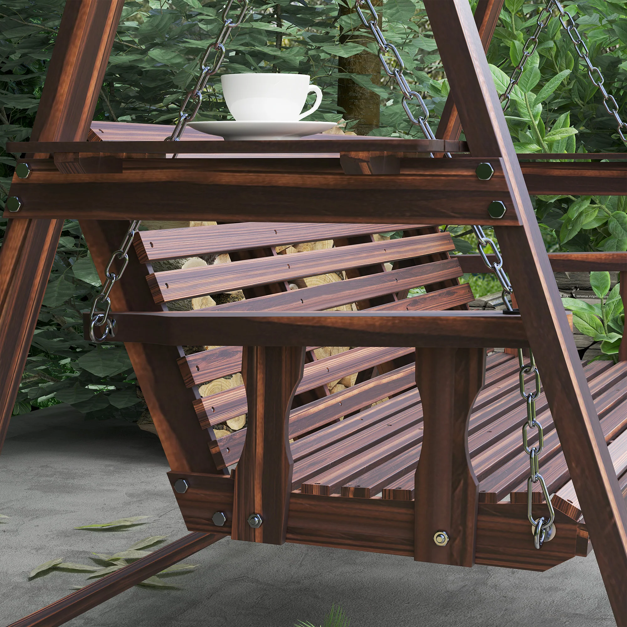 3 Seater Garden Wooden Swing Chair with Side Tables and Metal Chains, Carbonised Brown - Image 11