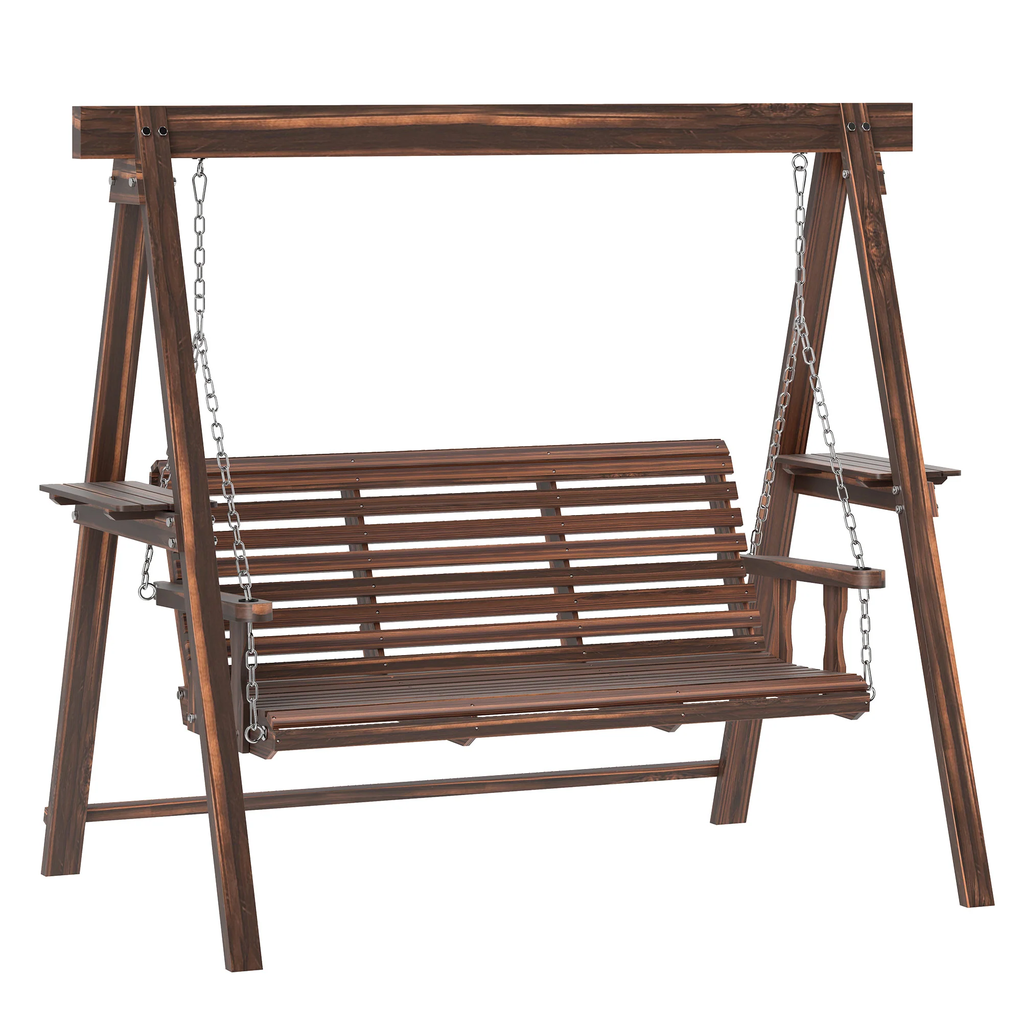 3 Seater Garden Wooden Swing Chair with Side Tables and Metal Chains, Carbonised Brown - Image 12