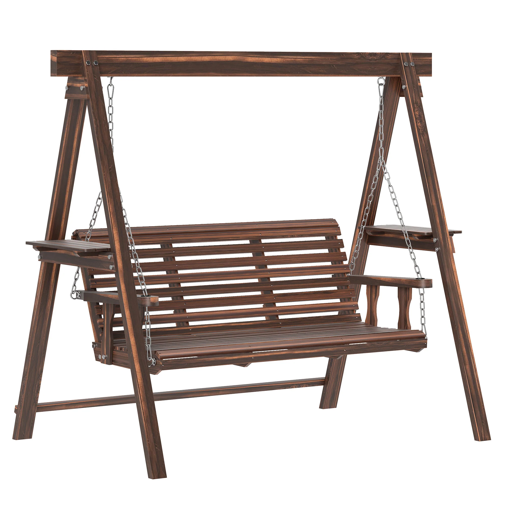 3 Seater Garden Wooden Swing Chair with Side Tables and Metal Chains, Carbonised Brown - Image 2
