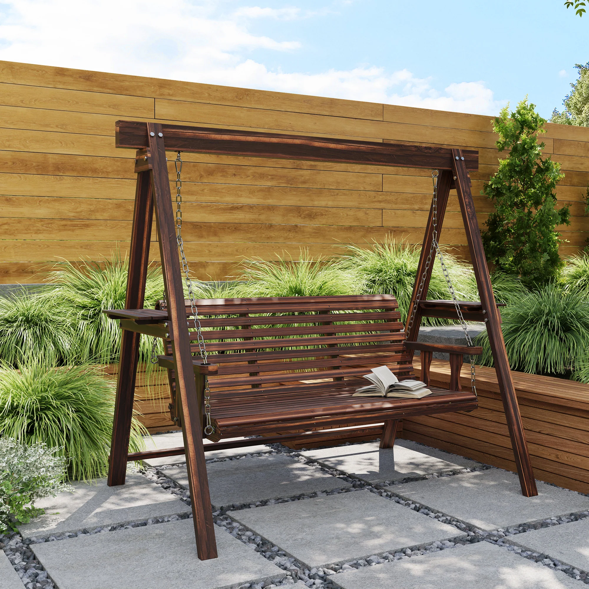 3 Seater Garden Wooden Swing Chair with Side Tables and Metal Chains, Carbonised Brown - Image 3