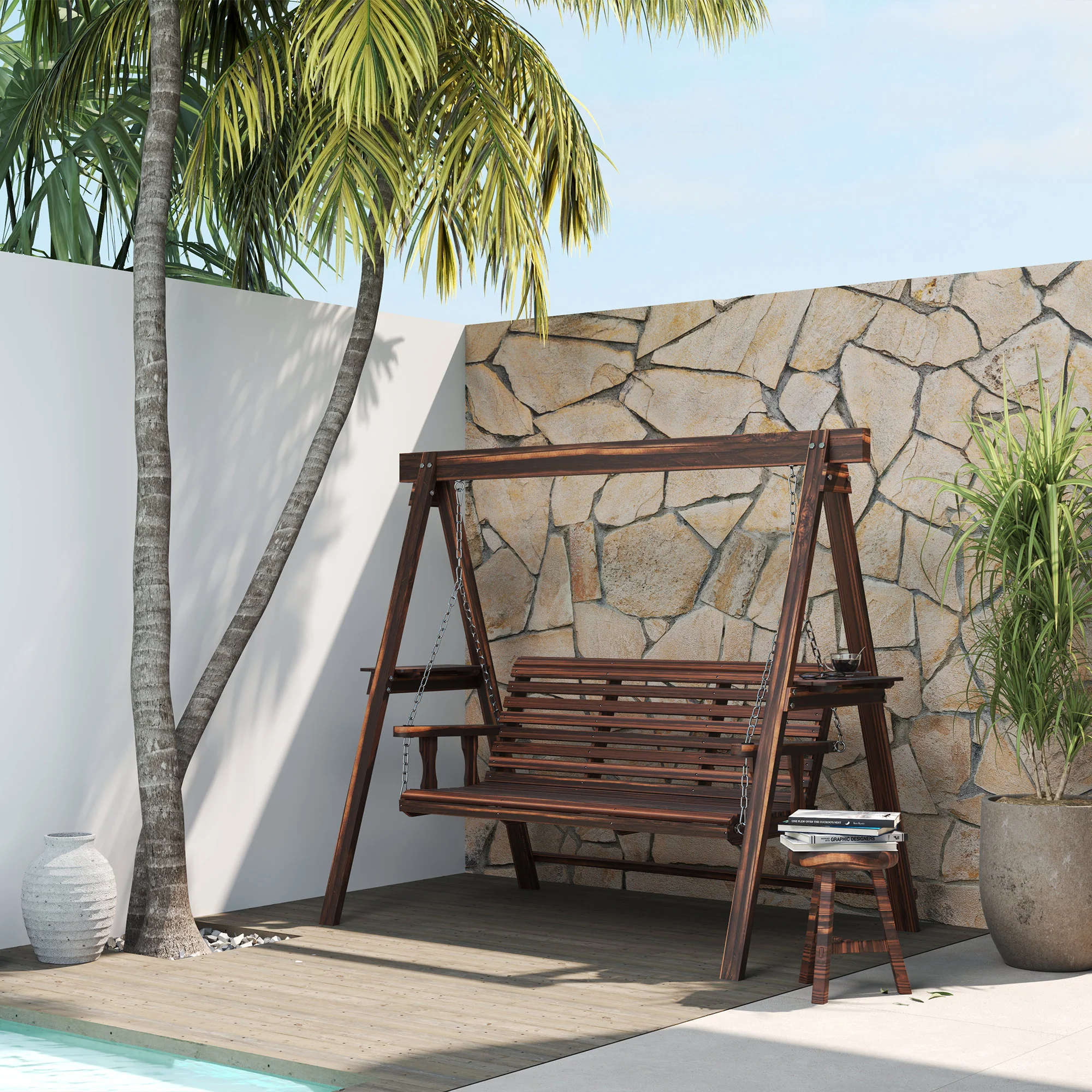 3 Seater Garden Wooden Swing Chair with Side Tables and Metal Chains, Carbonised Brown - Image 4