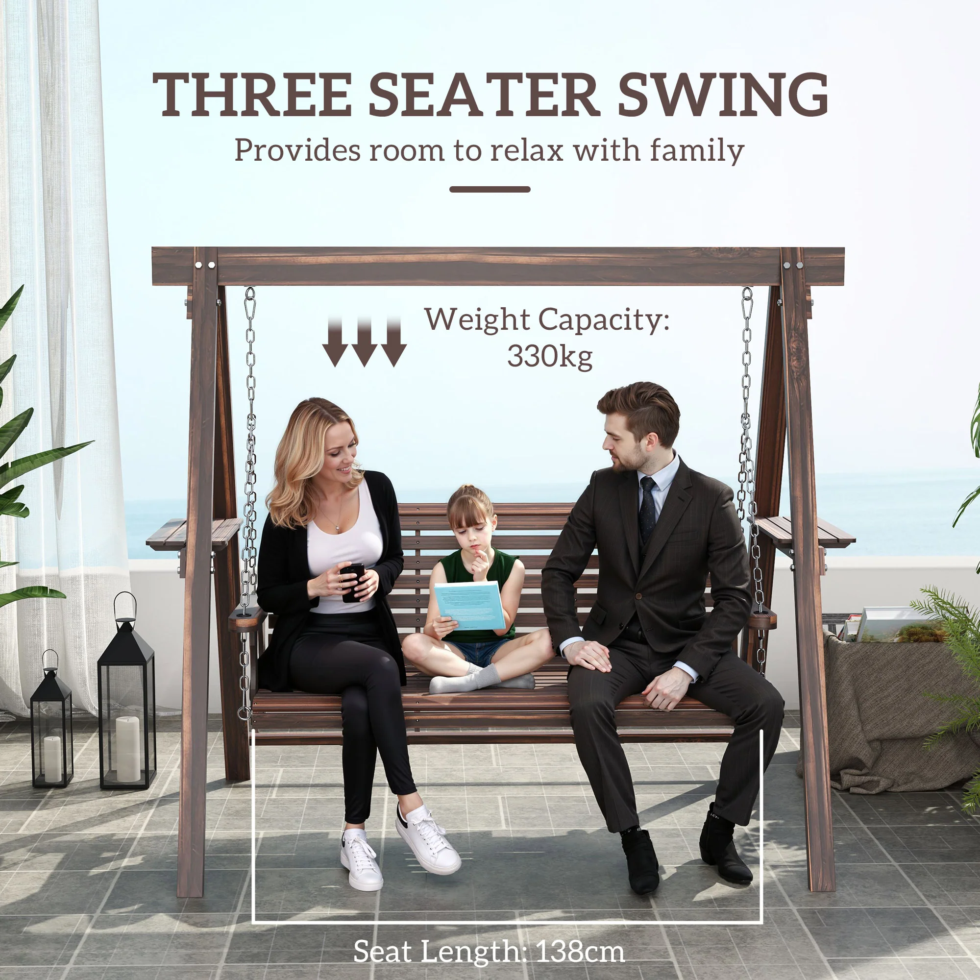 3 Seater Garden Wooden Swing Chair with Side Tables and Metal Chains, Carbonised Brown - Image 6