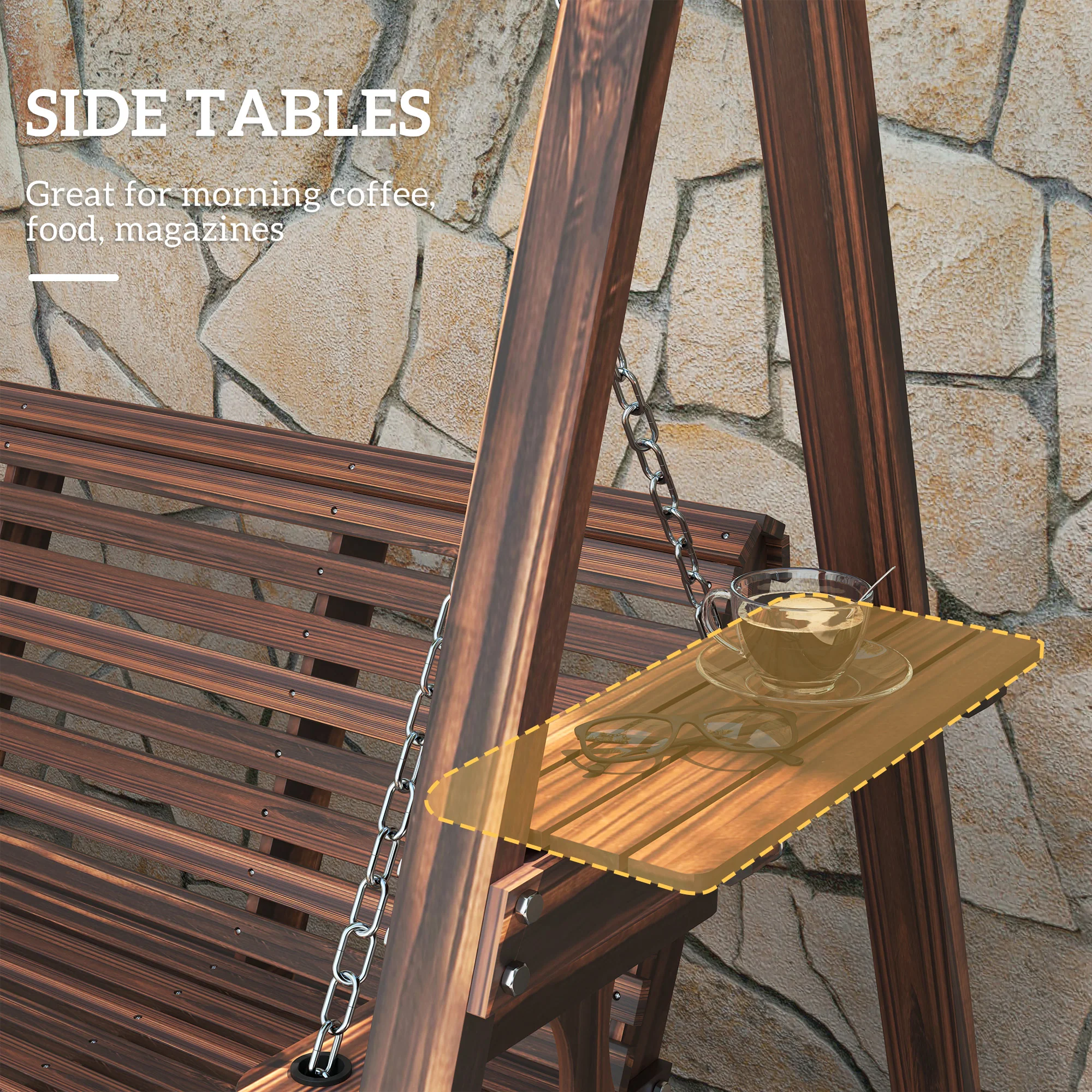 3 Seater Garden Wooden Swing Chair with Side Tables and Metal Chains, Carbonised Brown - Image 7