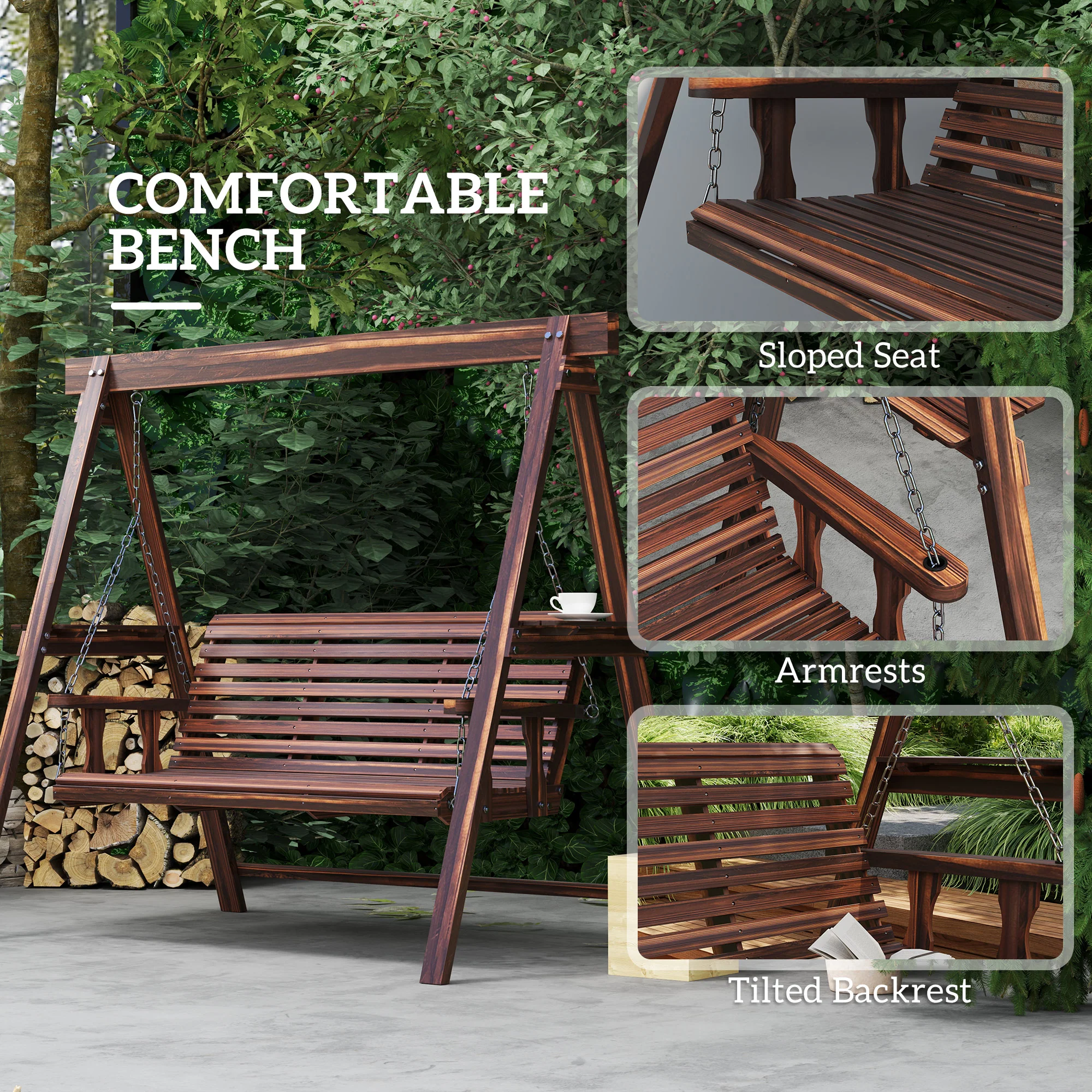 3 Seater Garden Wooden Swing Chair with Side Tables and Metal Chains, Carbonised Brown - Image 9