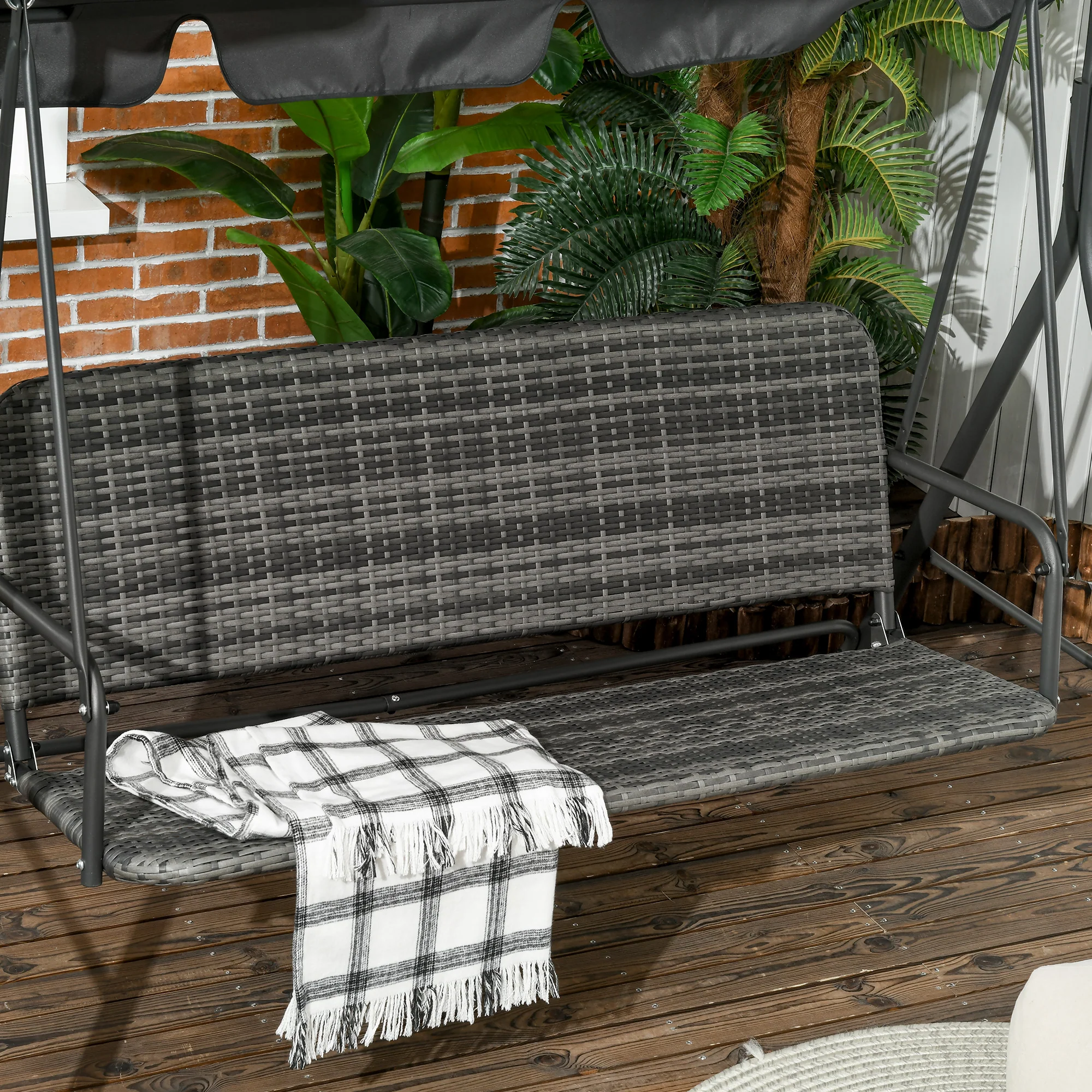 3 Seater Patio Rattan Swing Bench with Steel Frame Stand & Adjustable Canopy, Grey - Image 10