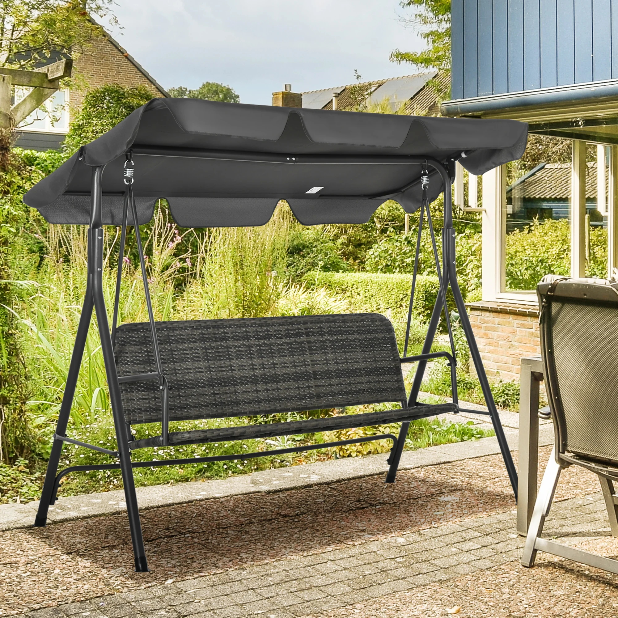3 Seater Patio Rattan Swing Bench with Steel Frame Stand & Adjustable Canopy, Grey - Image 4