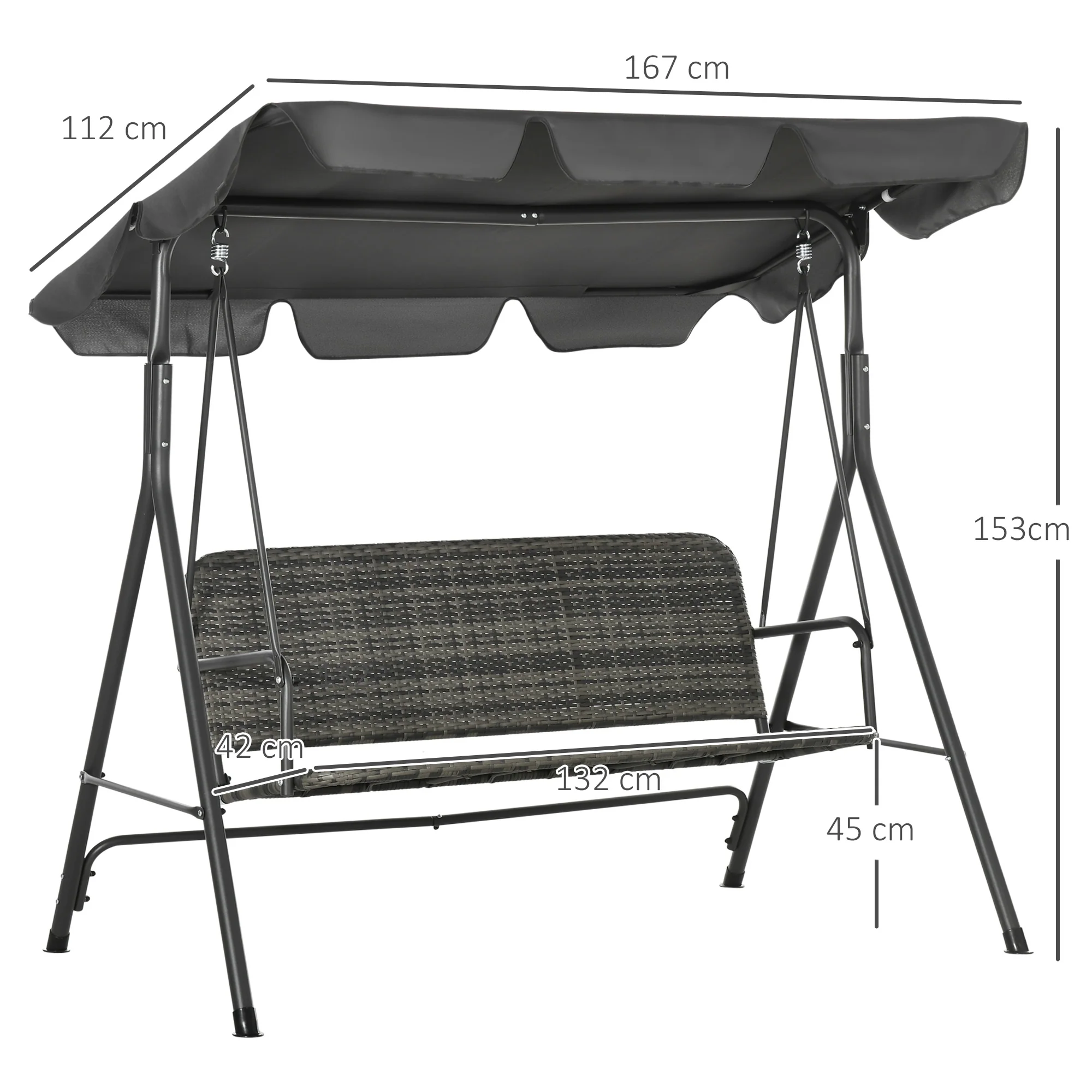 3 Seater Patio Rattan Swing Bench with Steel Frame Stand & Adjustable Canopy, Grey - Image 5