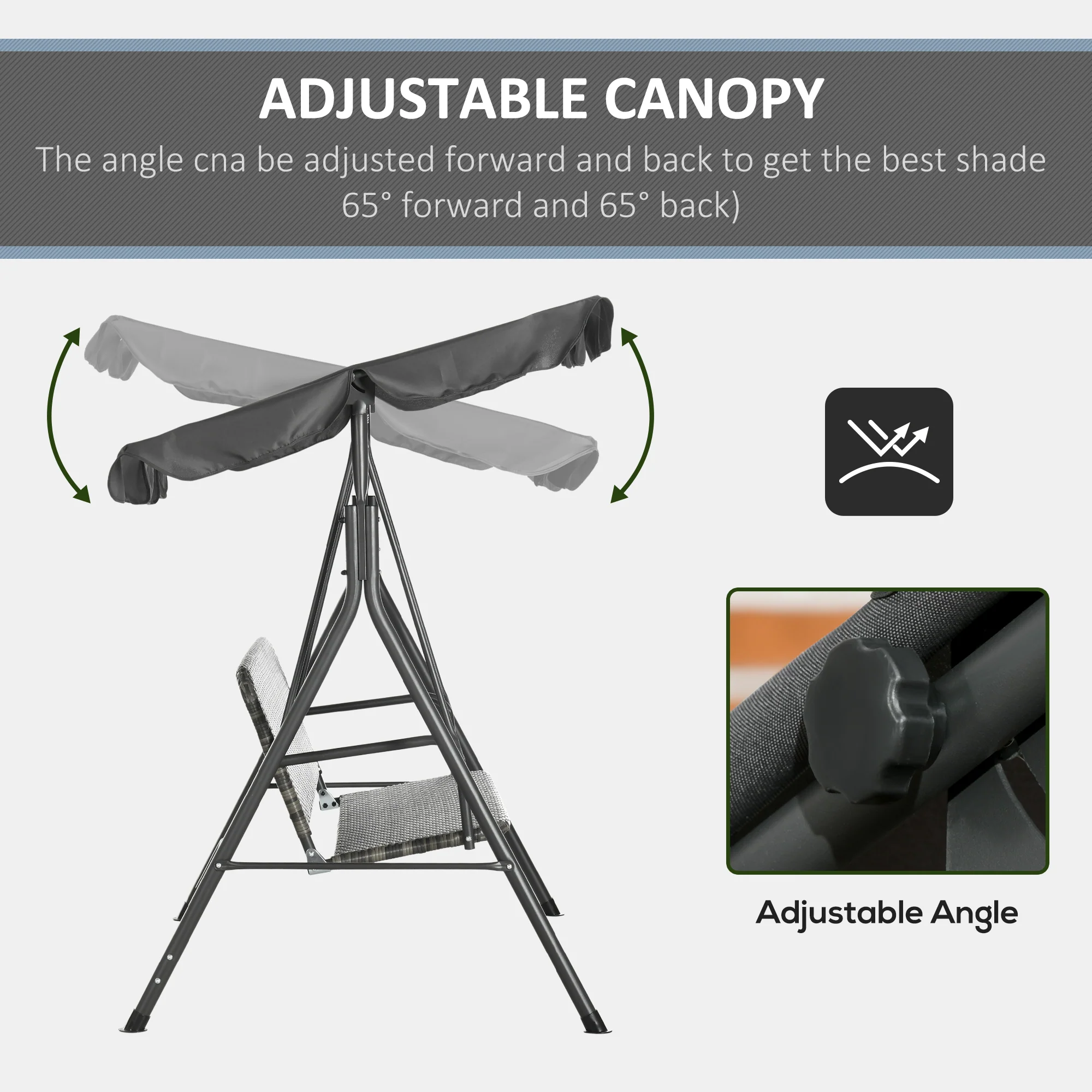 3 Seater Patio Rattan Swing Bench with Steel Frame Stand & Adjustable Canopy, Grey - Image 8