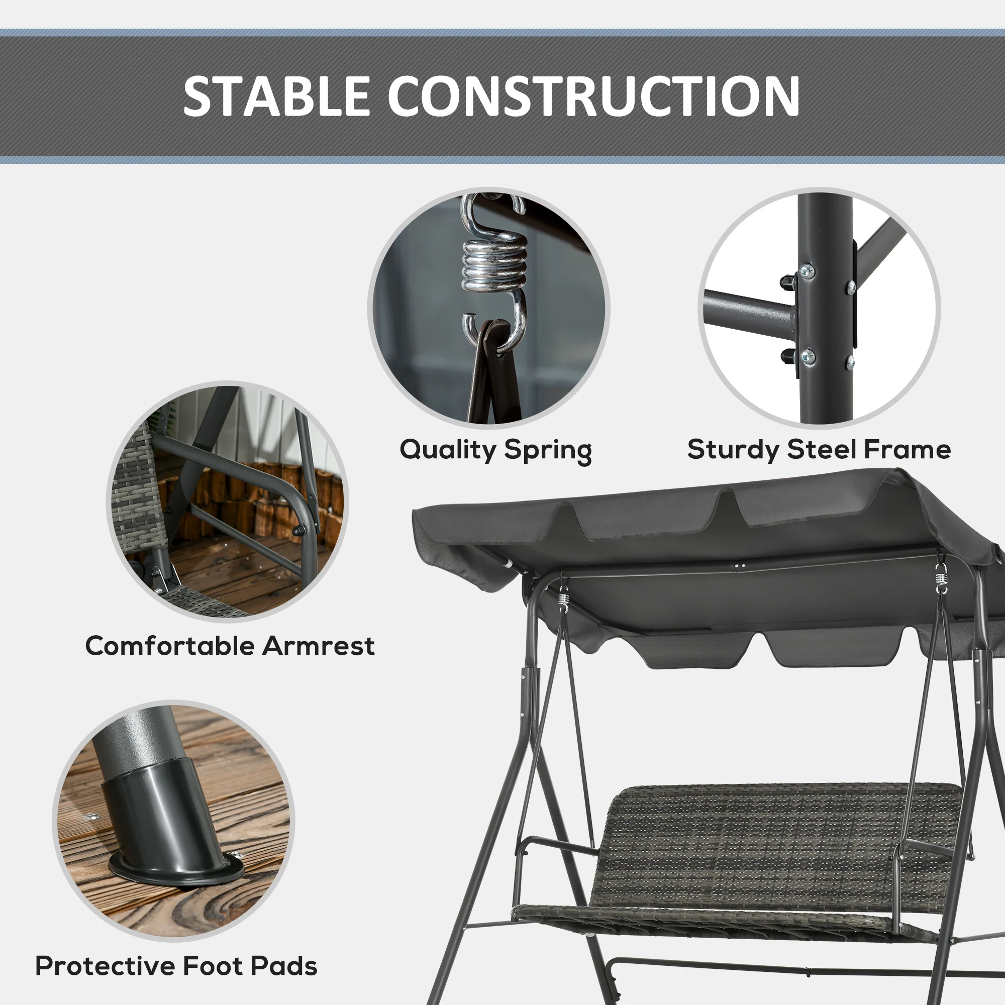 3 Seater Patio Rattan Swing Bench with Steel Frame Stand & Adjustable Canopy, Grey - Image 9