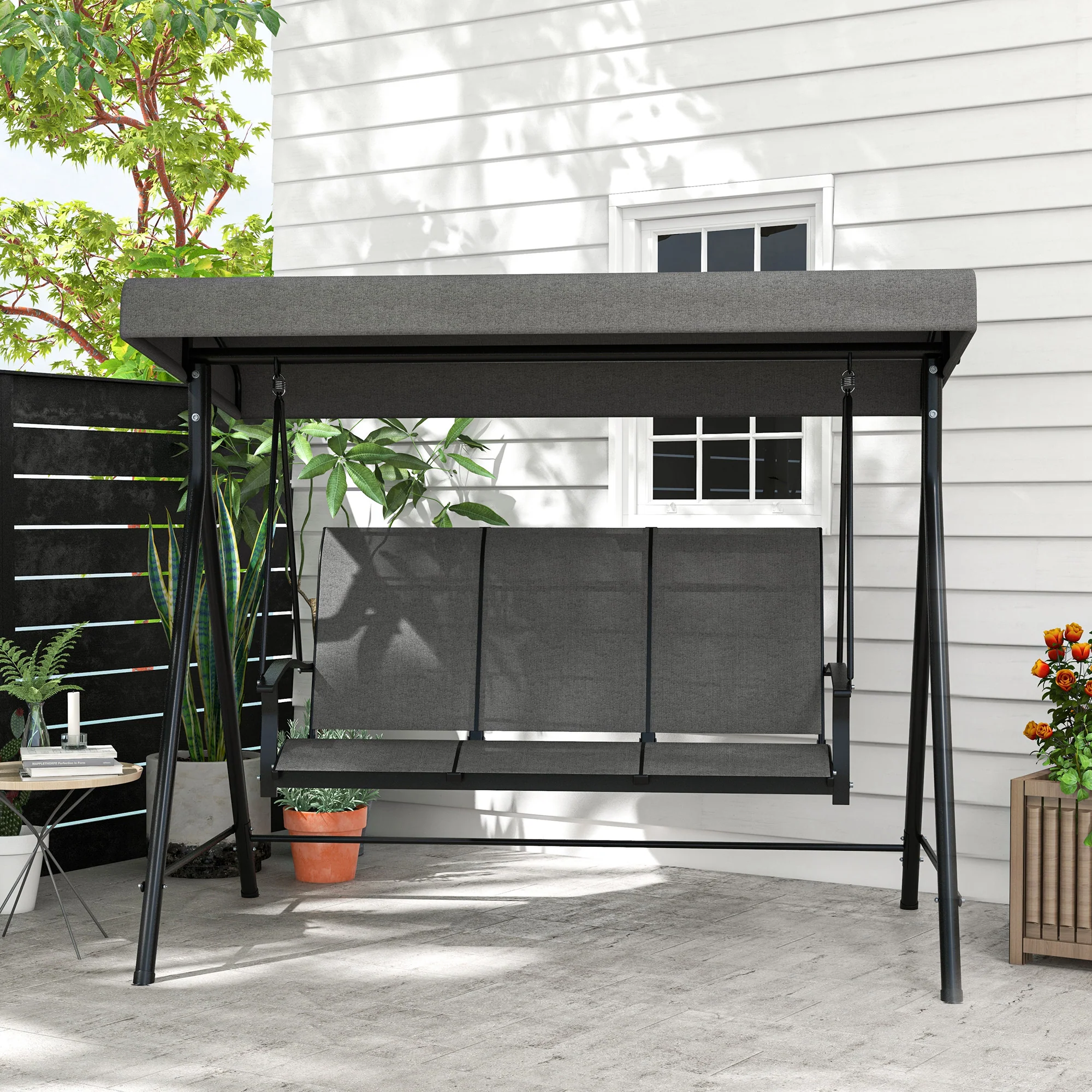 3 Seater Outdoor Swing Chair with Canopy, Metal Porch Swing Bench for Patio, Dark Grey - Image 3