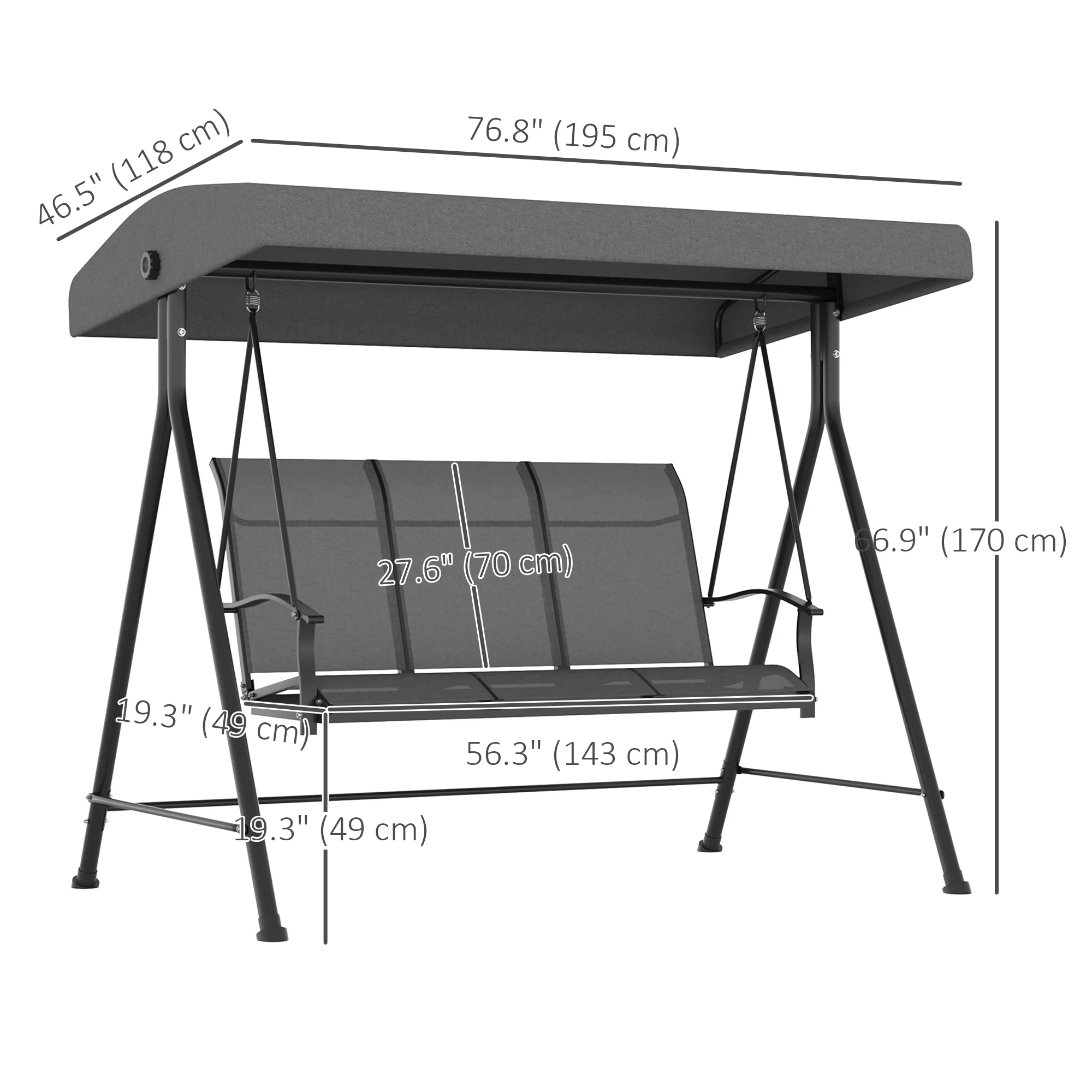 3 Seater Outdoor Swing Chair with Canopy, Metal Porch Swing Bench for Patio, Dark Grey - Image 5
