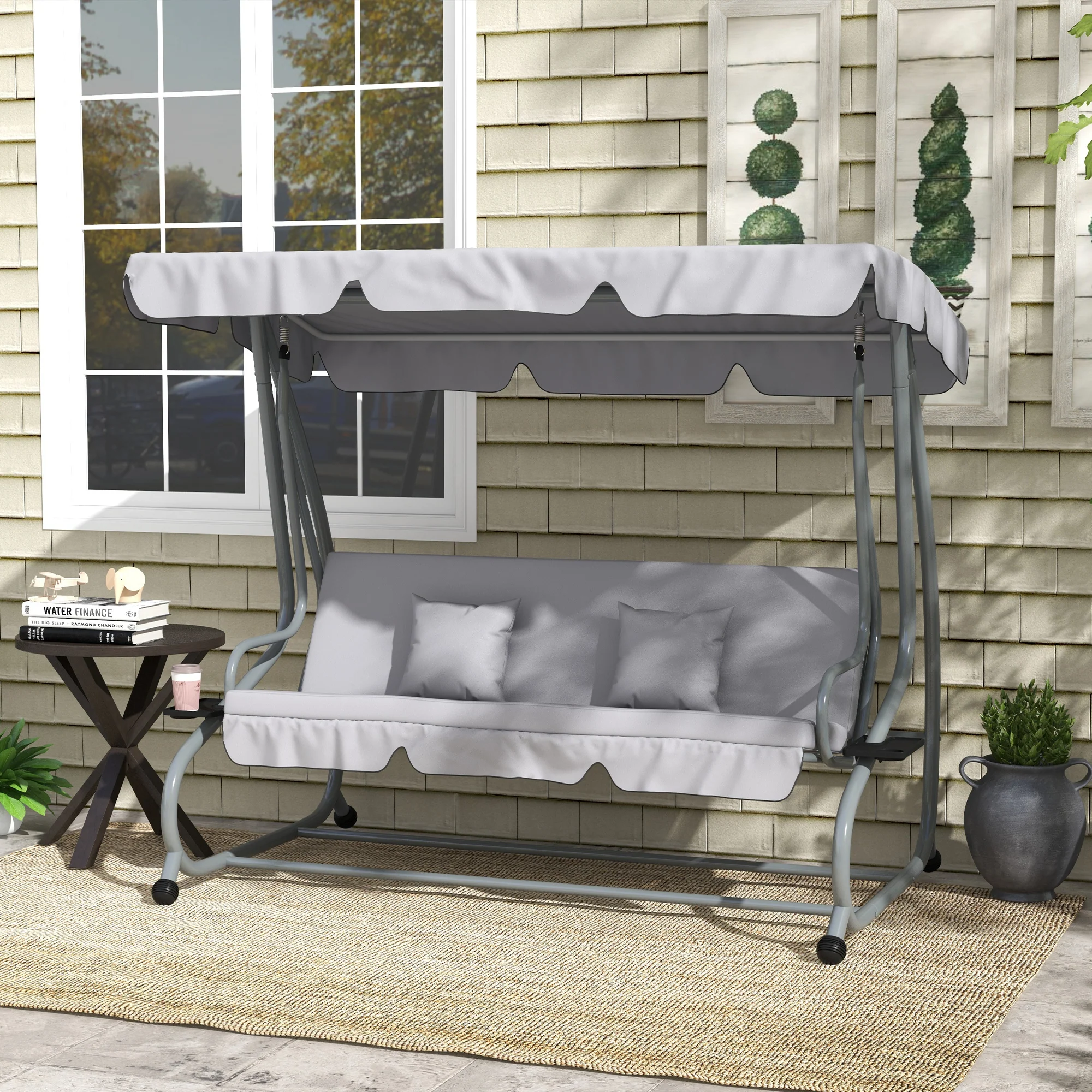 Outdoor 3-Seater Patio Swing Chair with Adjustable Canopy & 2 Pillows, Light Grey - Image 3