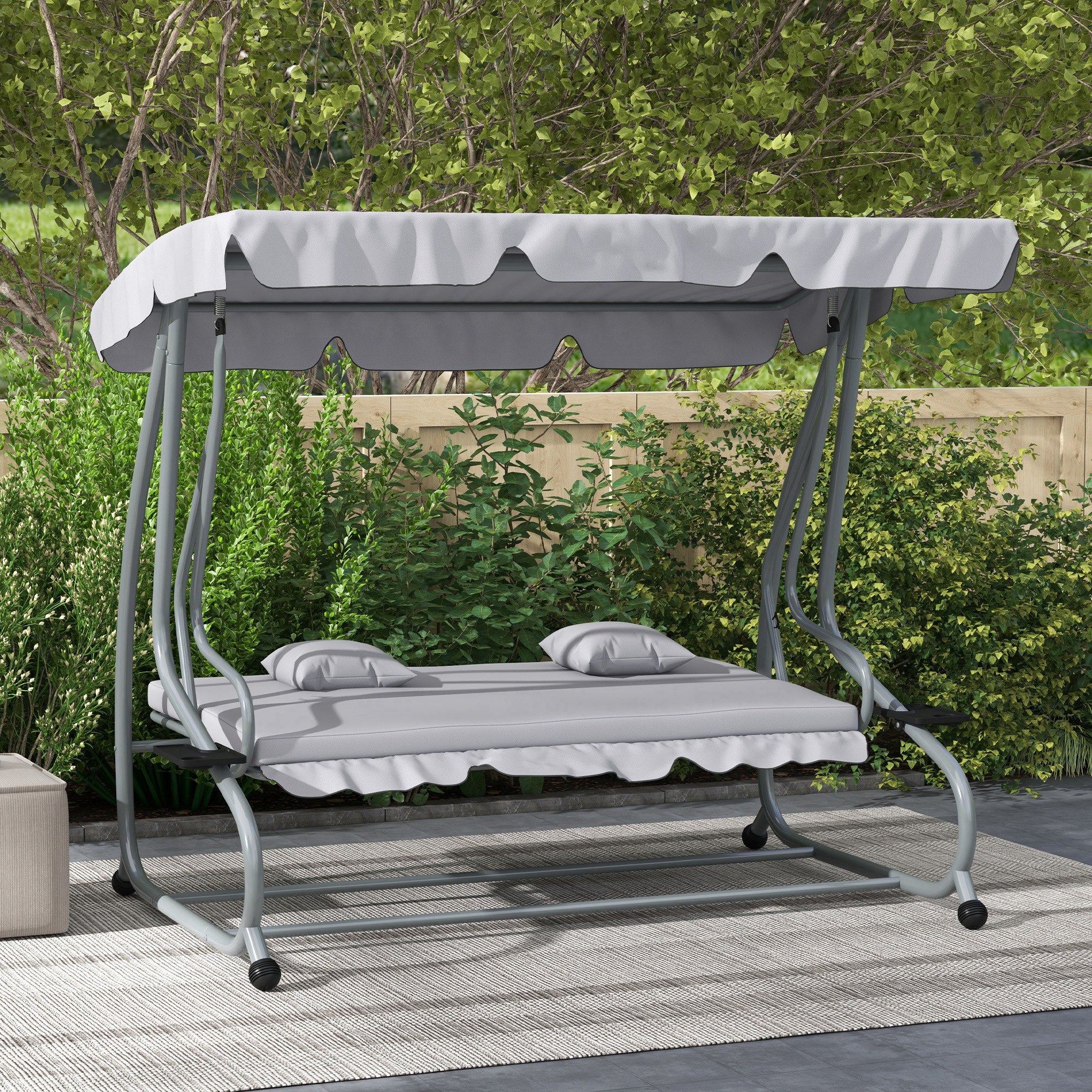 Outdoor 3-Seater Patio Swing Chair with Adjustable Canopy & 2 Pillows, Light Grey - Image 4
