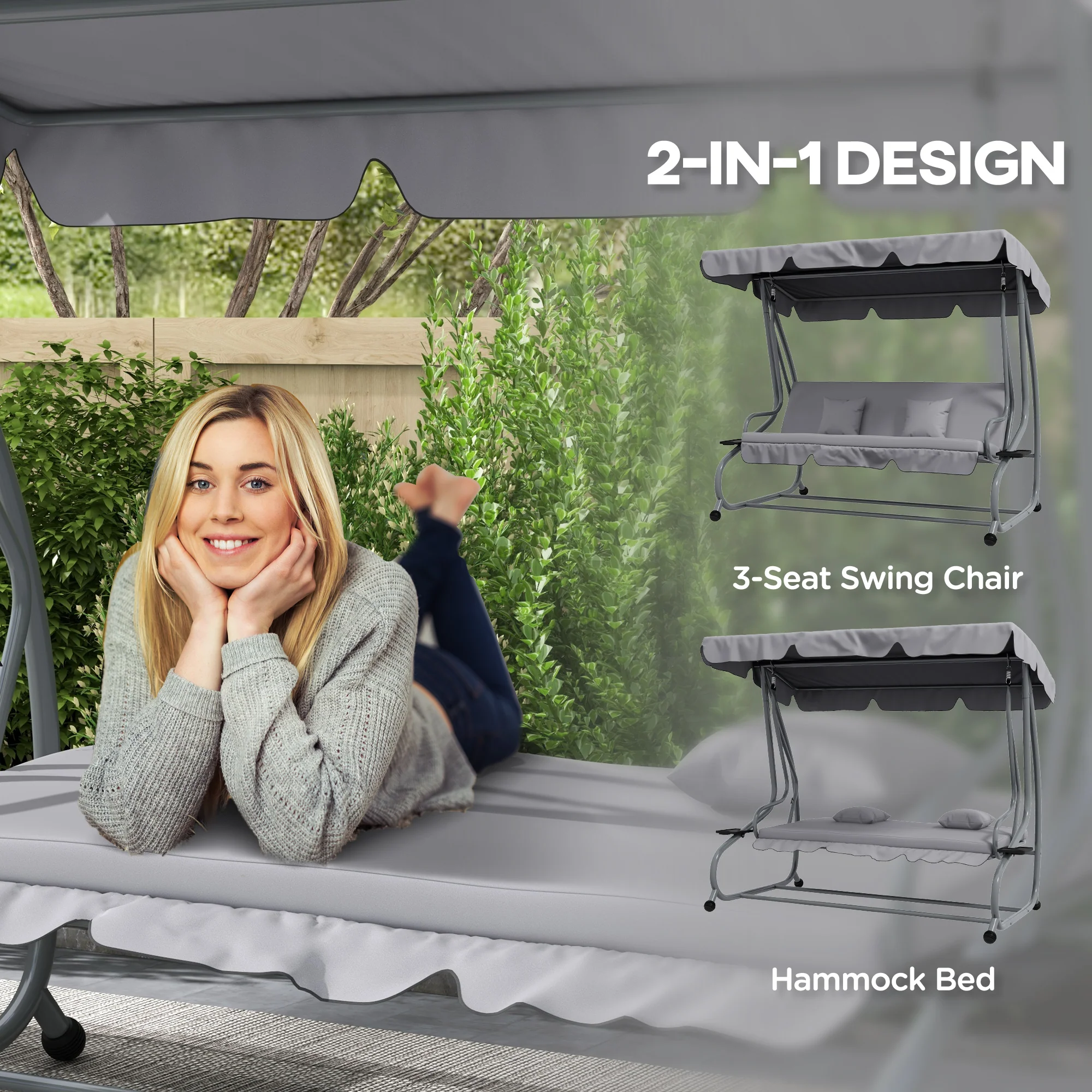 Outdoor 3-Seater Patio Swing Chair with Adjustable Canopy & 2 Pillows, Light Grey - Image 6