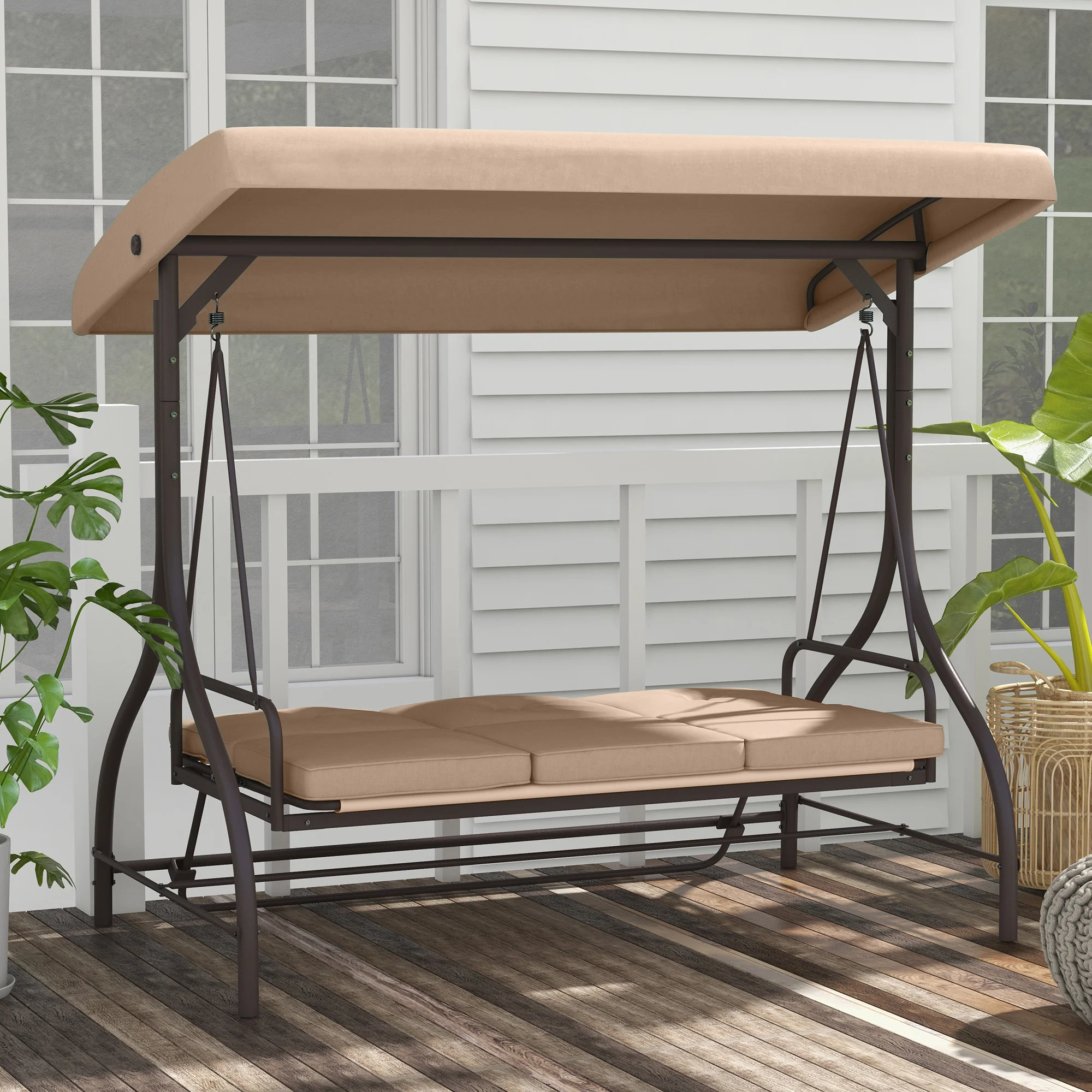 3 Seater Convertible Patio Swing Bed with Canopy and Cushions for Outdoor, Backyard, Khaki - Image 10