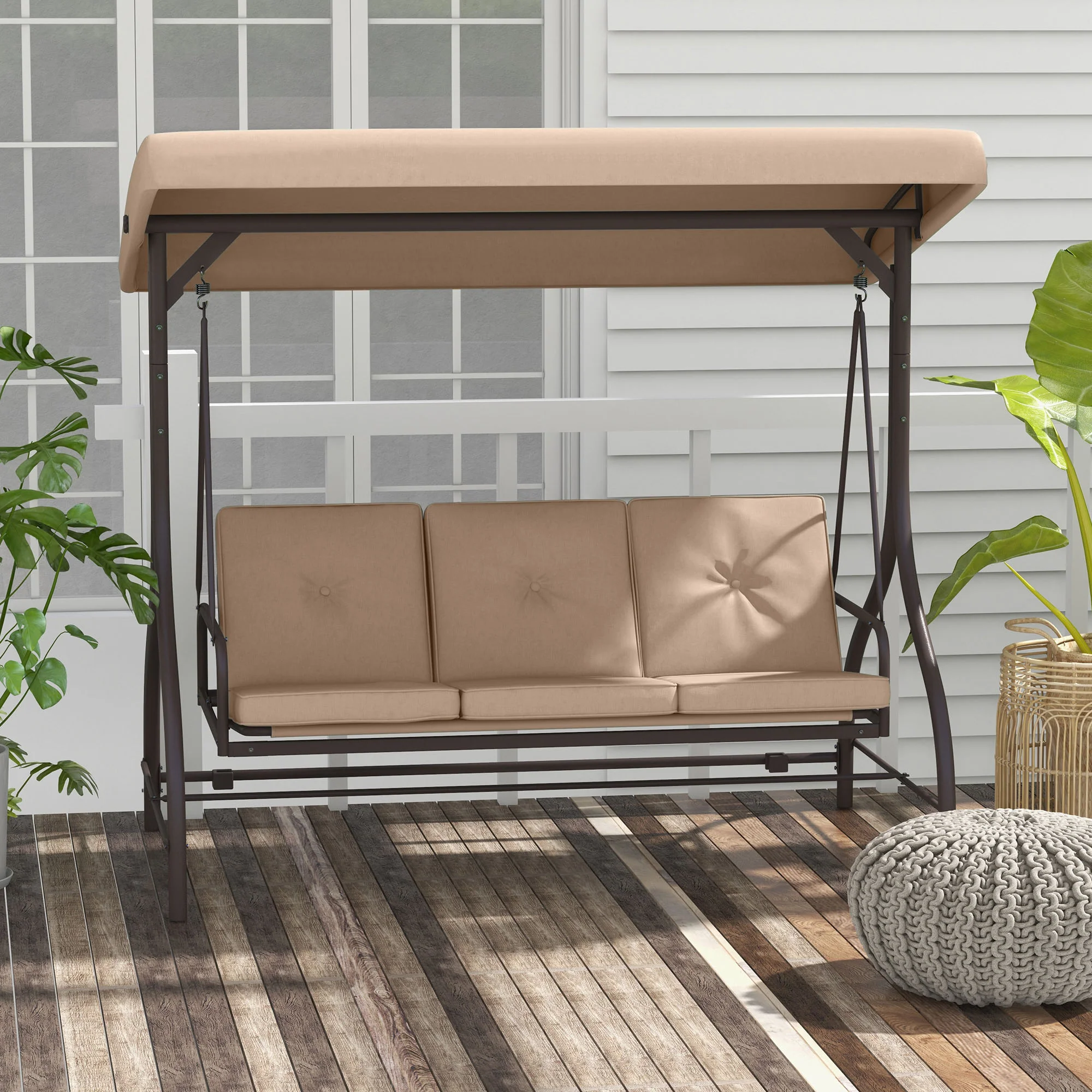 3 Seater Convertible Patio Swing Bed with Canopy and Cushions for Outdoor, Backyard, Khaki - Image 3
