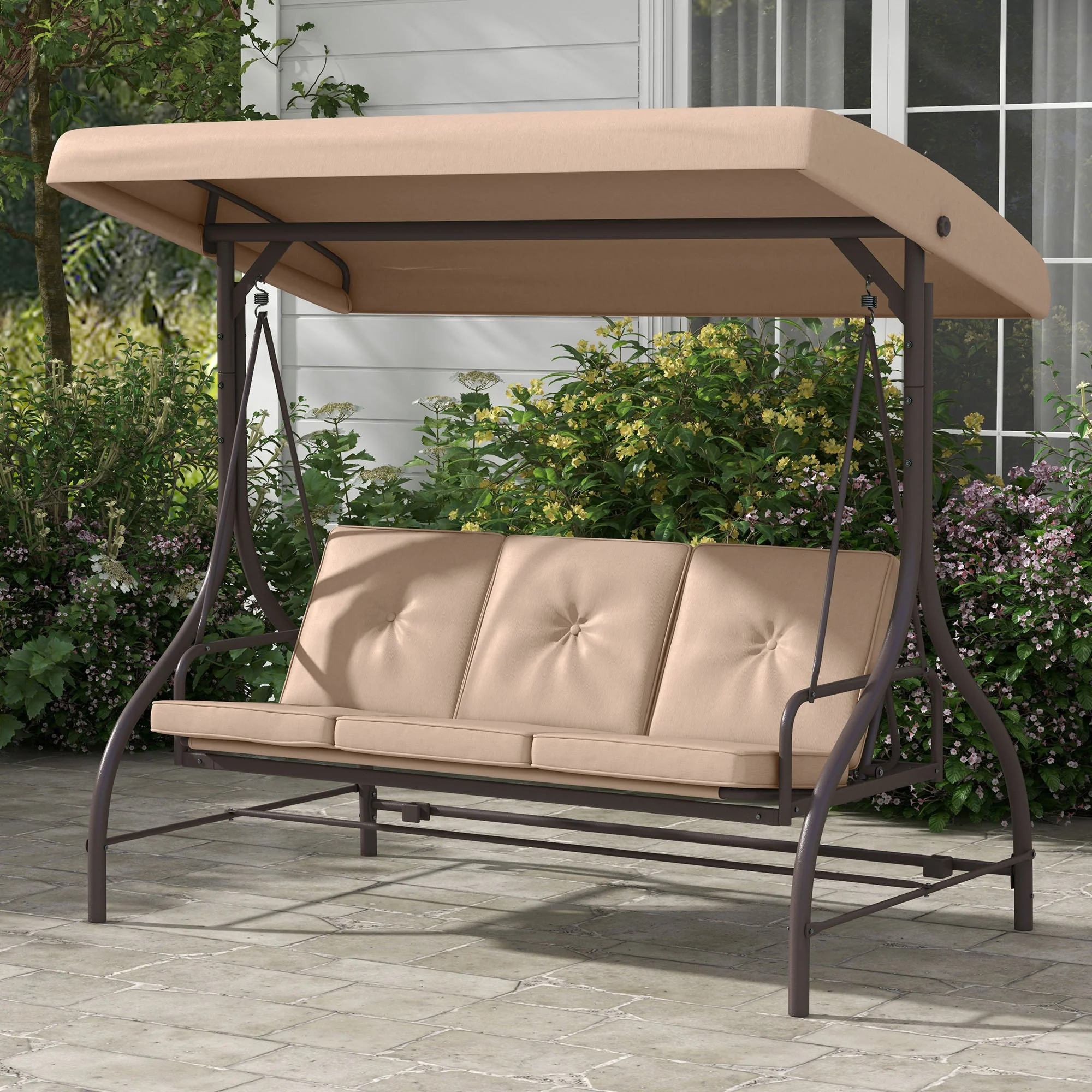3 Seater Convertible Patio Swing Bed with Canopy and Cushions for Outdoor, Backyard, Khaki - Image 4