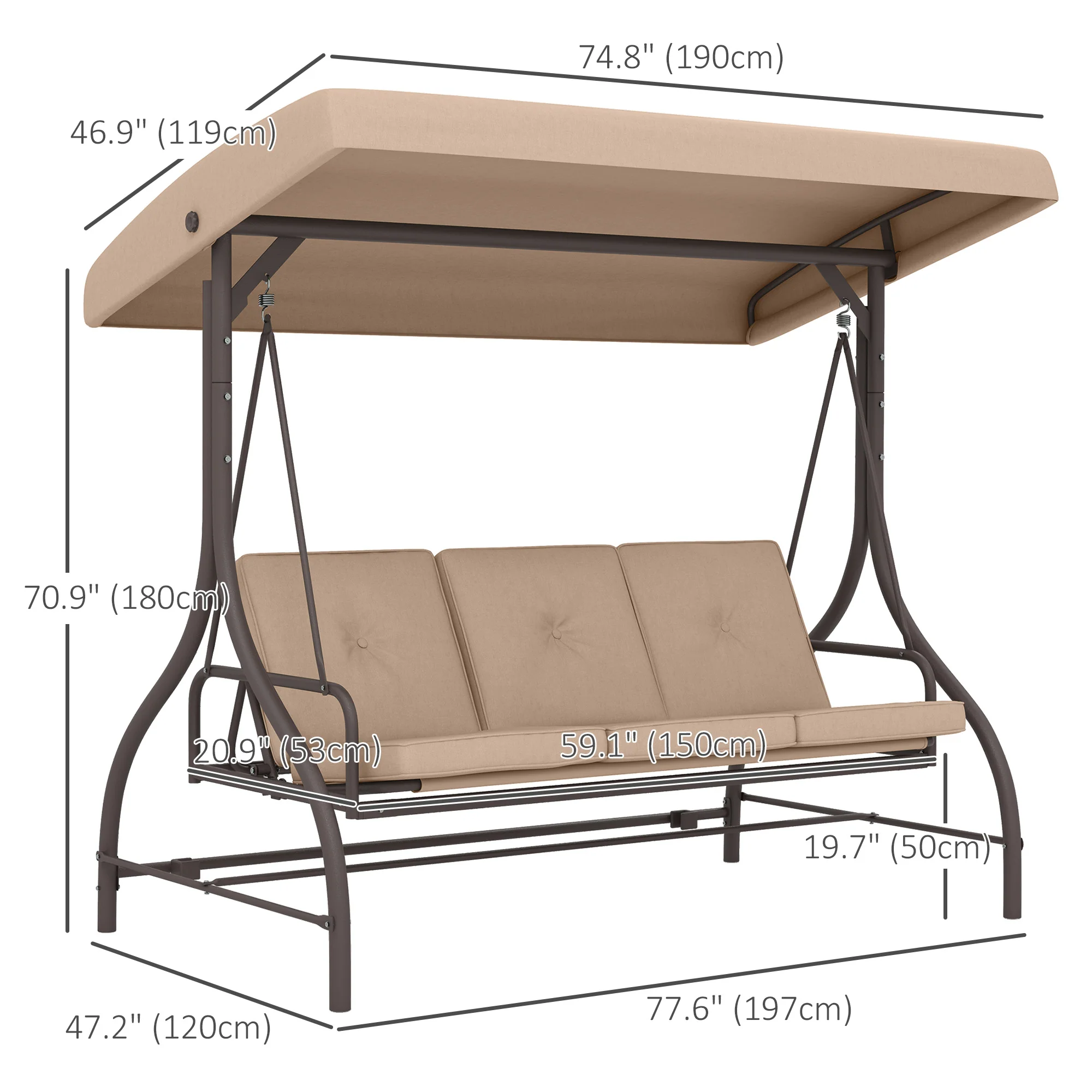 3 Seater Convertible Patio Swing Bed with Canopy and Cushions for Outdoor, Backyard, Khaki - Image 5