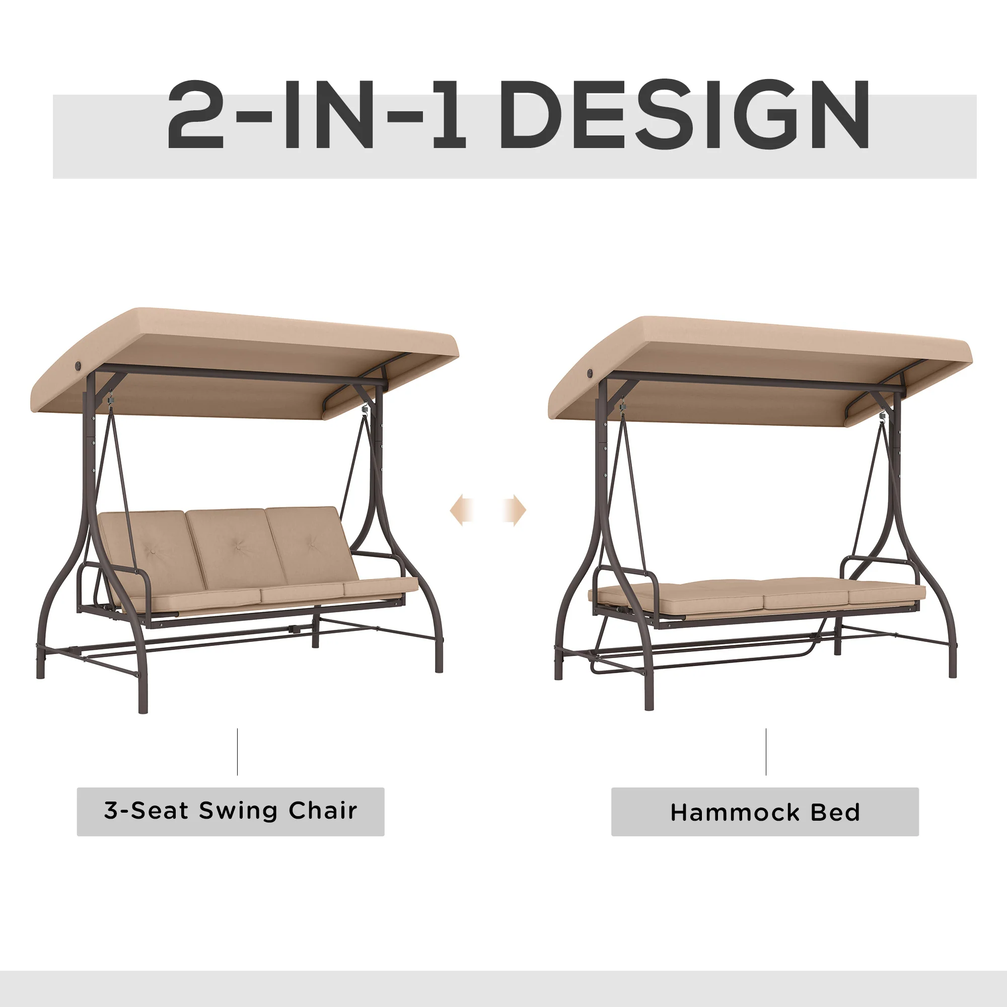 3 Seater Convertible Patio Swing Bed with Canopy and Cushions for Outdoor, Backyard, Khaki - Image 6