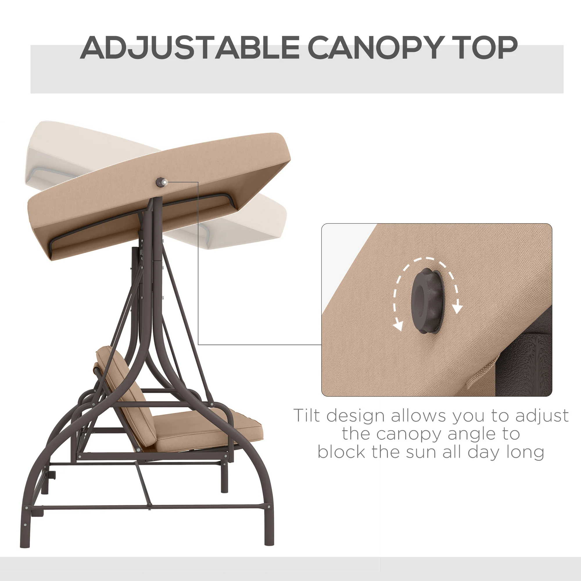 3 Seater Convertible Patio Swing Bed with Canopy and Cushions for Outdoor, Backyard, Khaki - Image 7