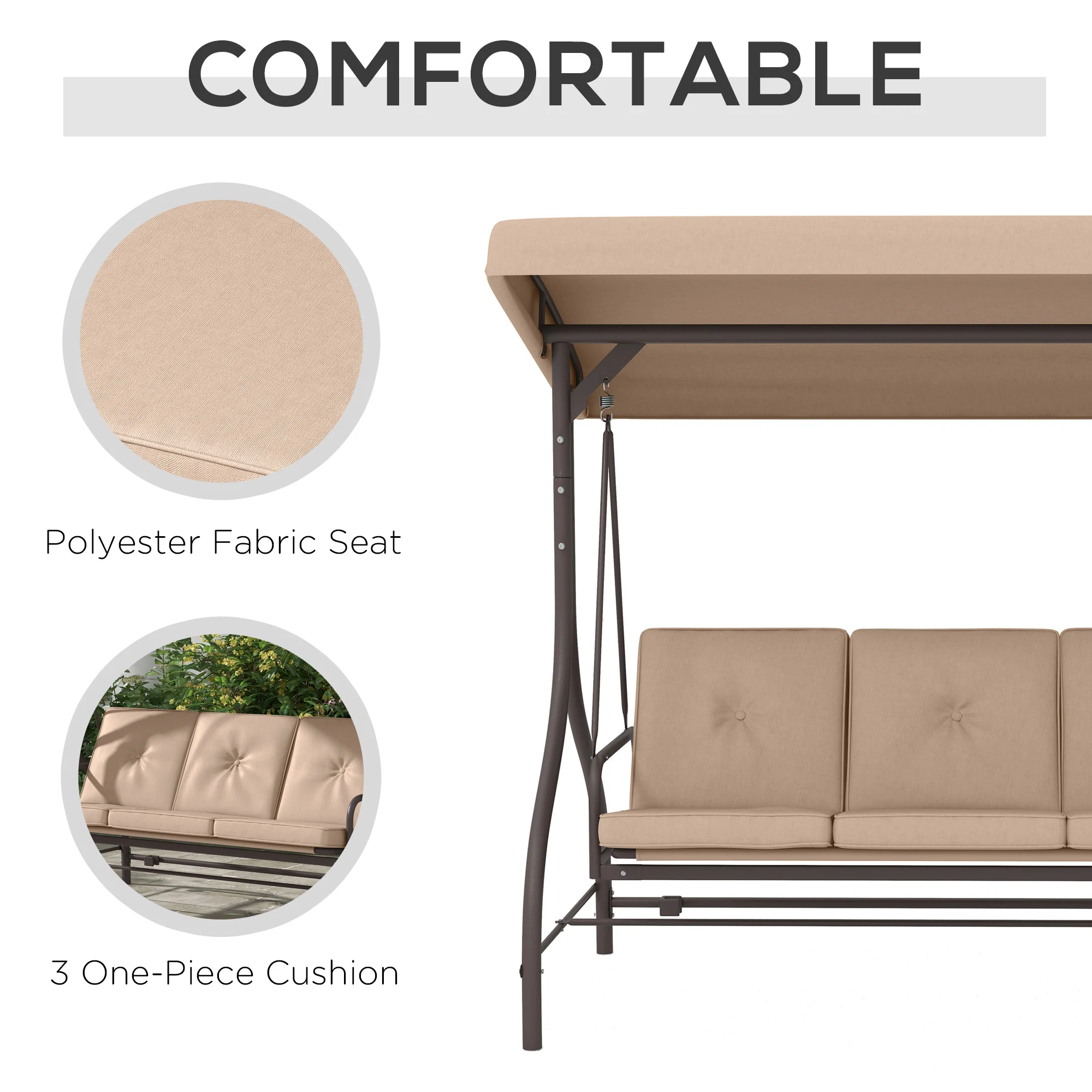 3 Seater Convertible Patio Swing Bed with Canopy and Cushions for Outdoor, Backyard, Khaki - Image 9