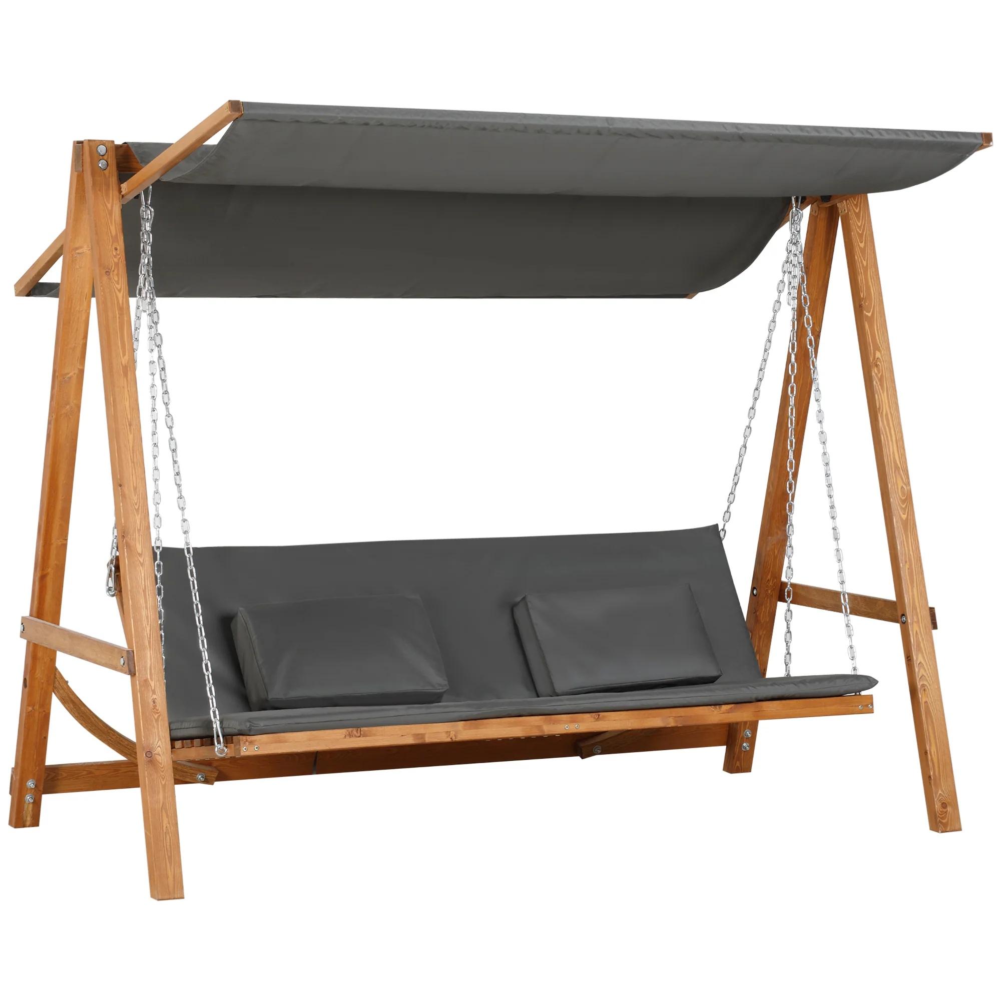3 Seater Convertible Patio Swing Chair with Cushioned Seat, Canopy & Wood Frame, Grey