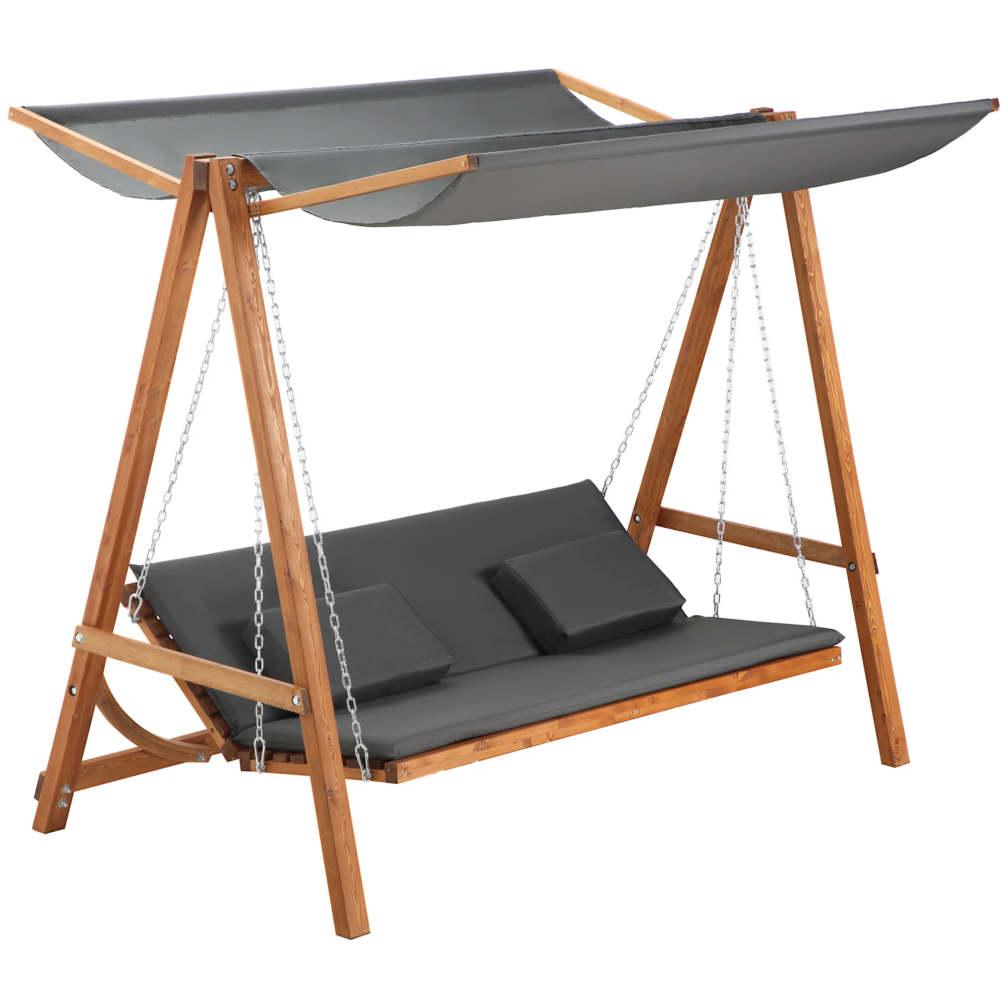 3 Seater Convertible Patio Swing Chair with Cushioned Seat, Canopy & Wood Frame, Grey - Image 2