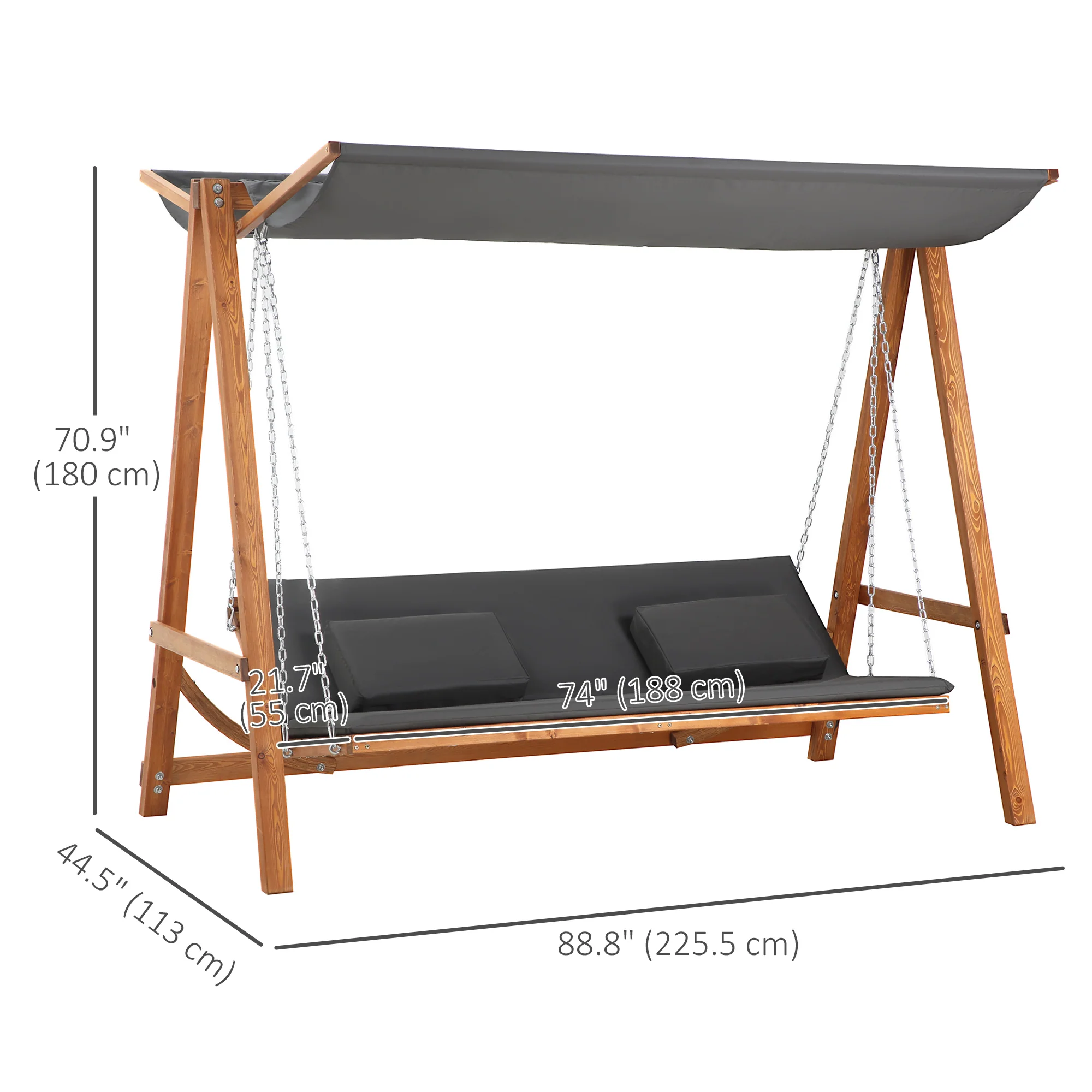 3 Seater Convertible Patio Swing Chair with Cushioned Seat, Canopy & Wood Frame, Grey - Image 5