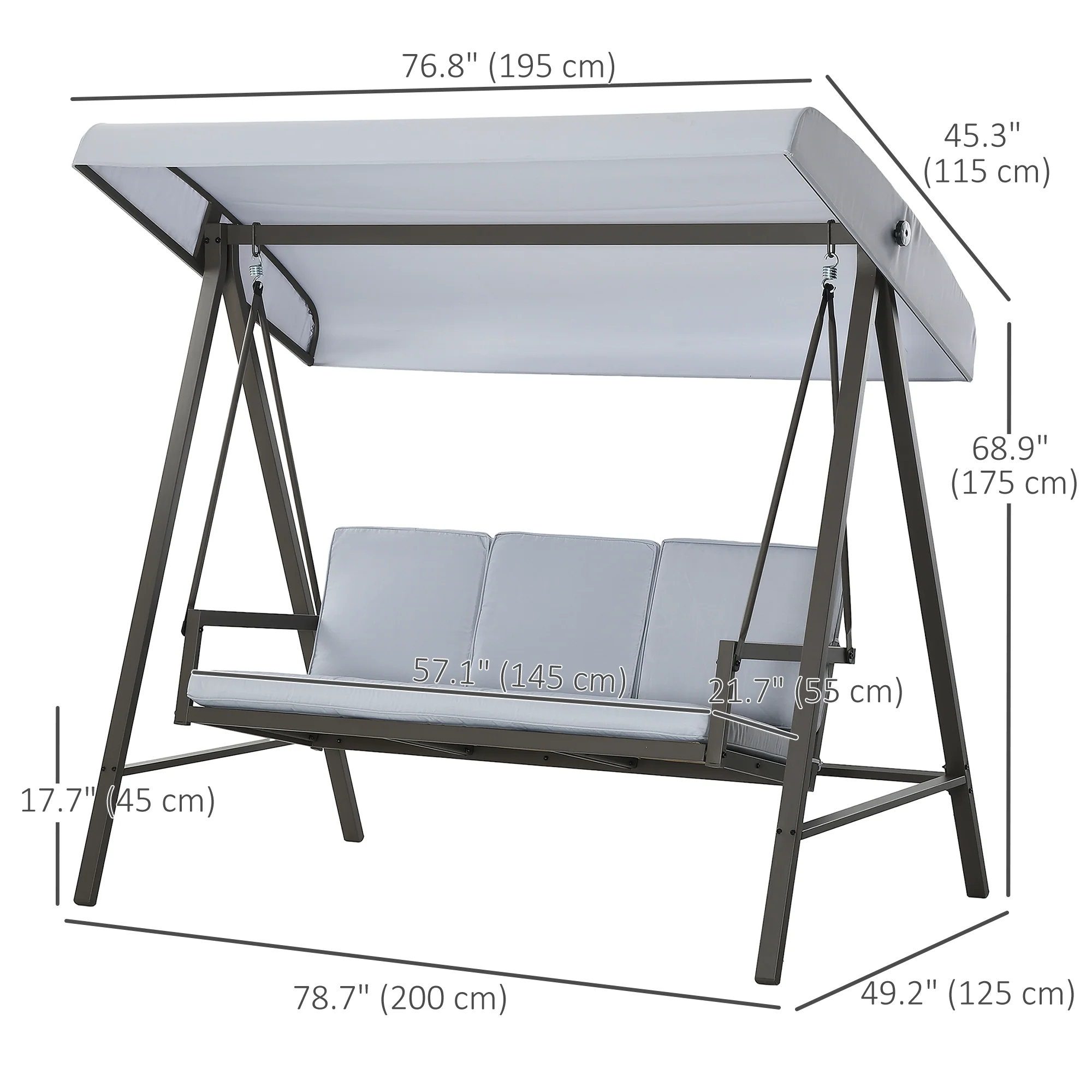 3-Seat Patio Swing Chair with Adjustable Canopy and Removable Cushions for Porch, Light Grey - Image 5