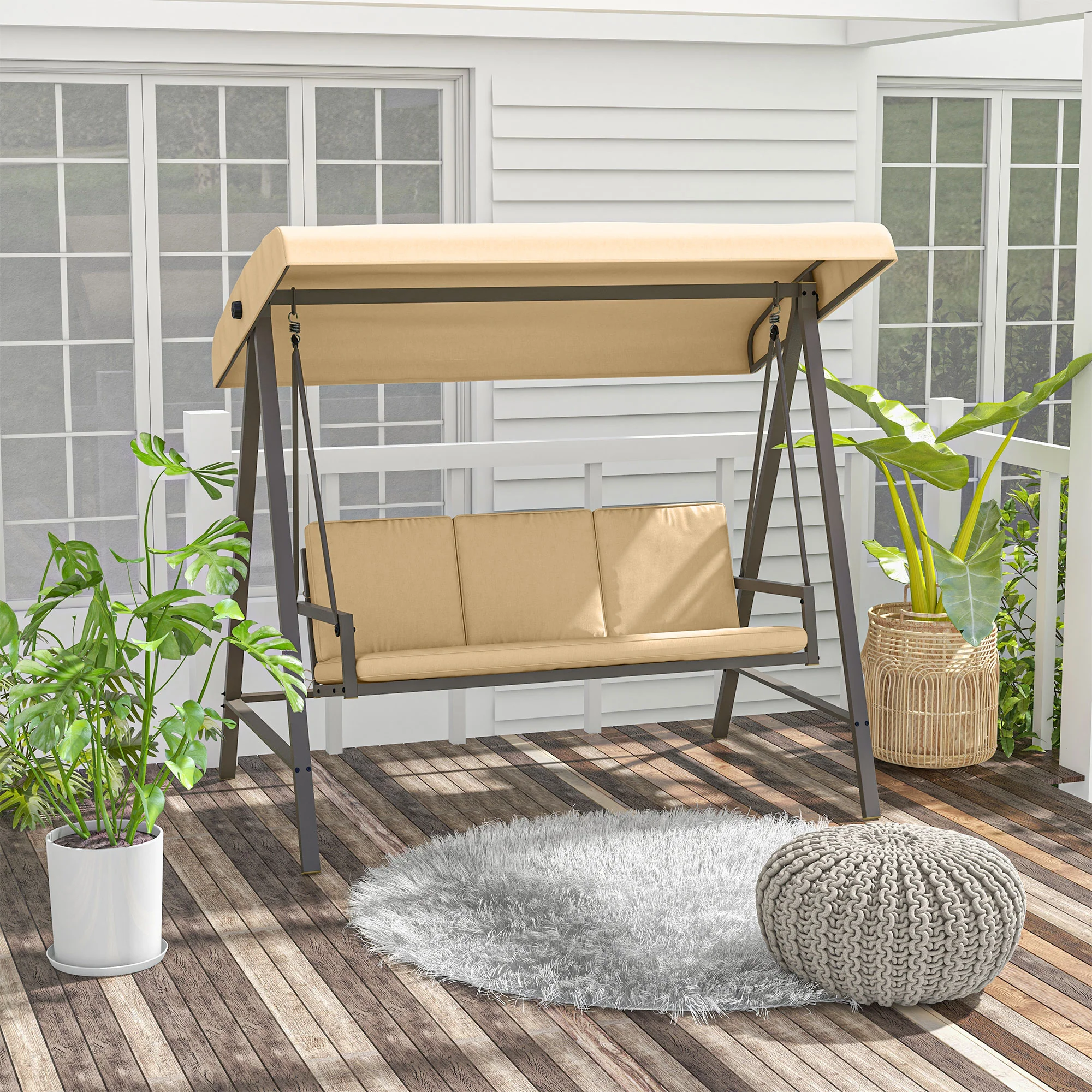 3-Seat Patio Swing Chair with Adjustable Canopy and Removable Cushions for Porch, Beige - Image 3