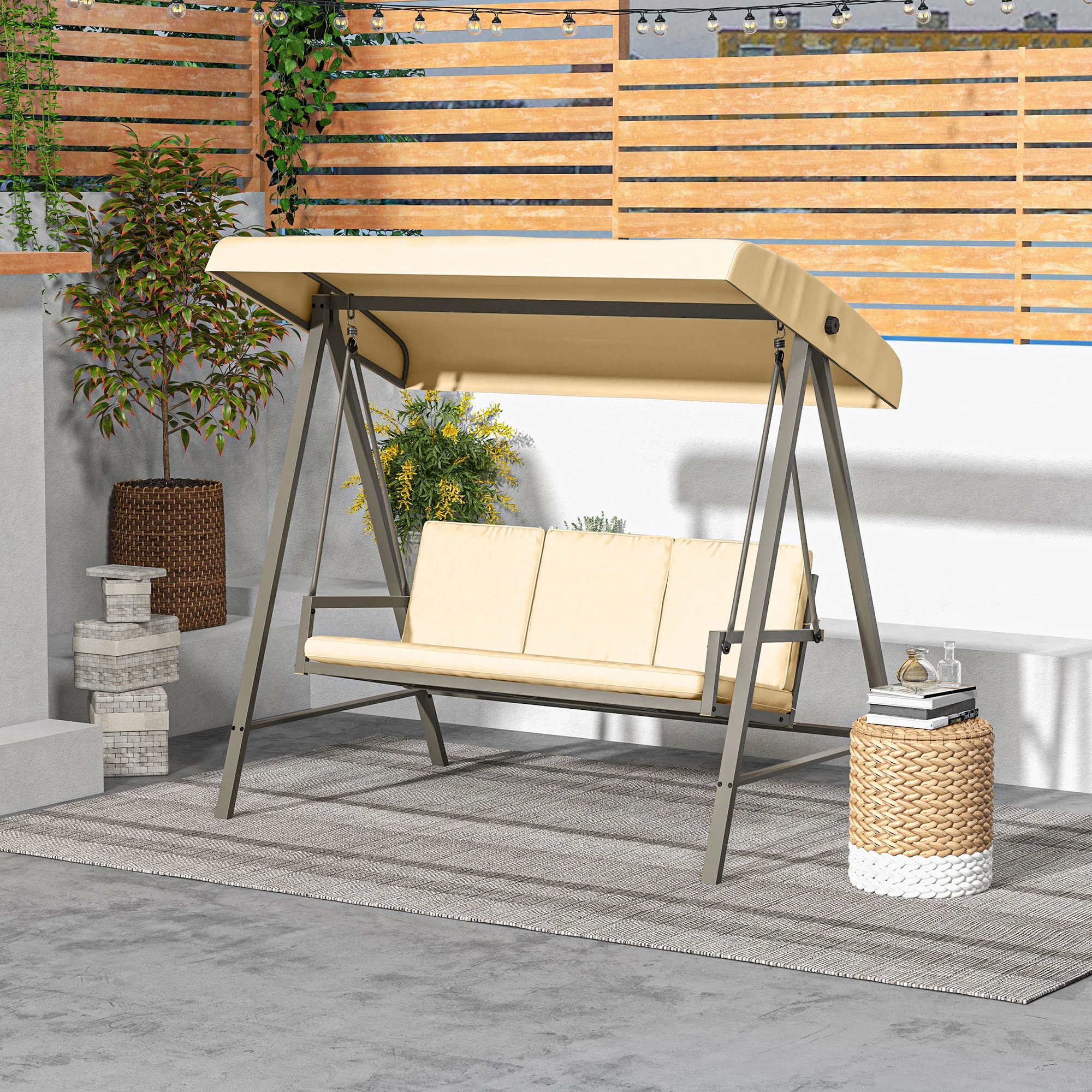 3-Seat Patio Swing Chair with Adjustable Canopy and Removable Cushions for Porch, Beige - Image 4