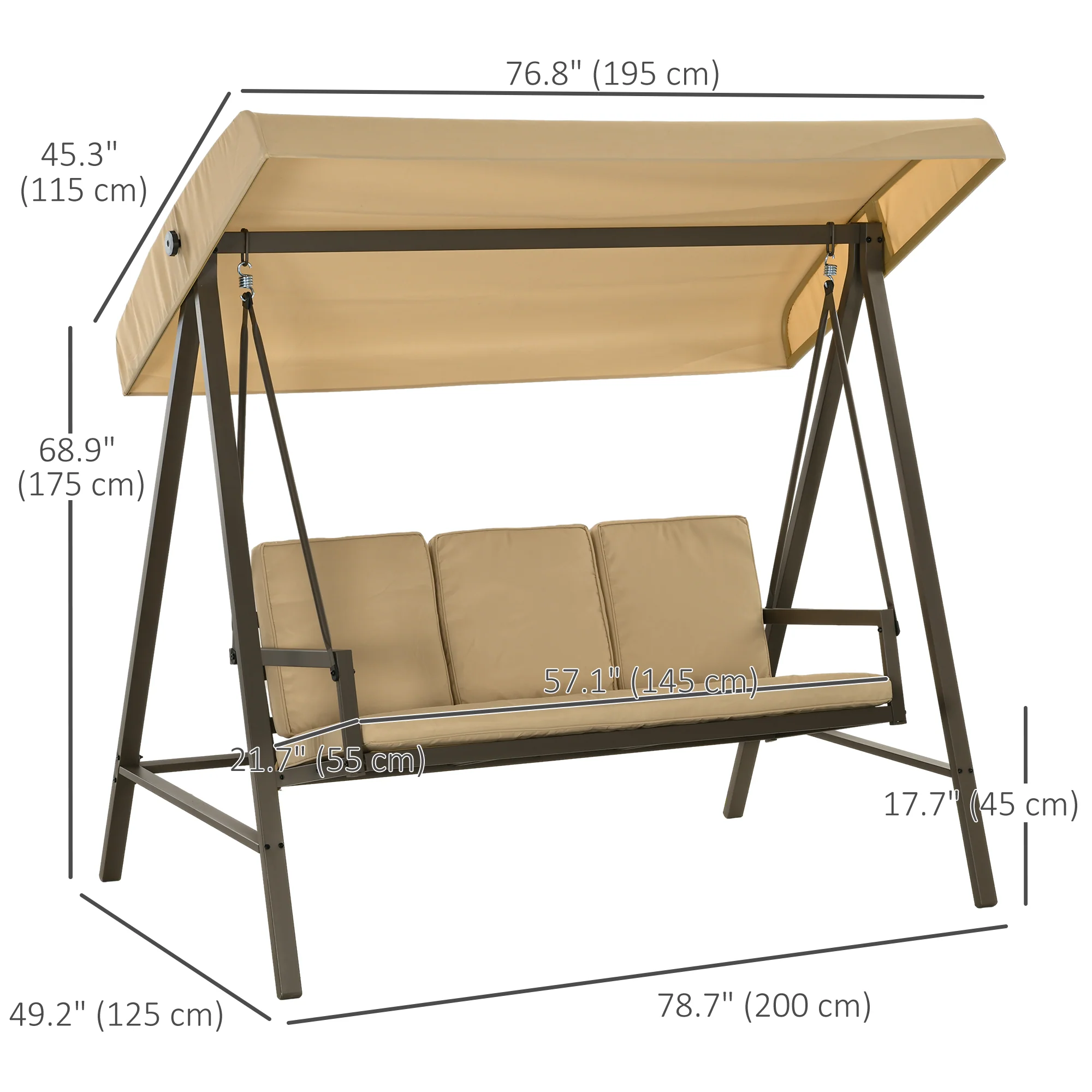 3-Seat Patio Swing Chair with Adjustable Canopy and Removable Cushions for Porch, Beige - Image 5