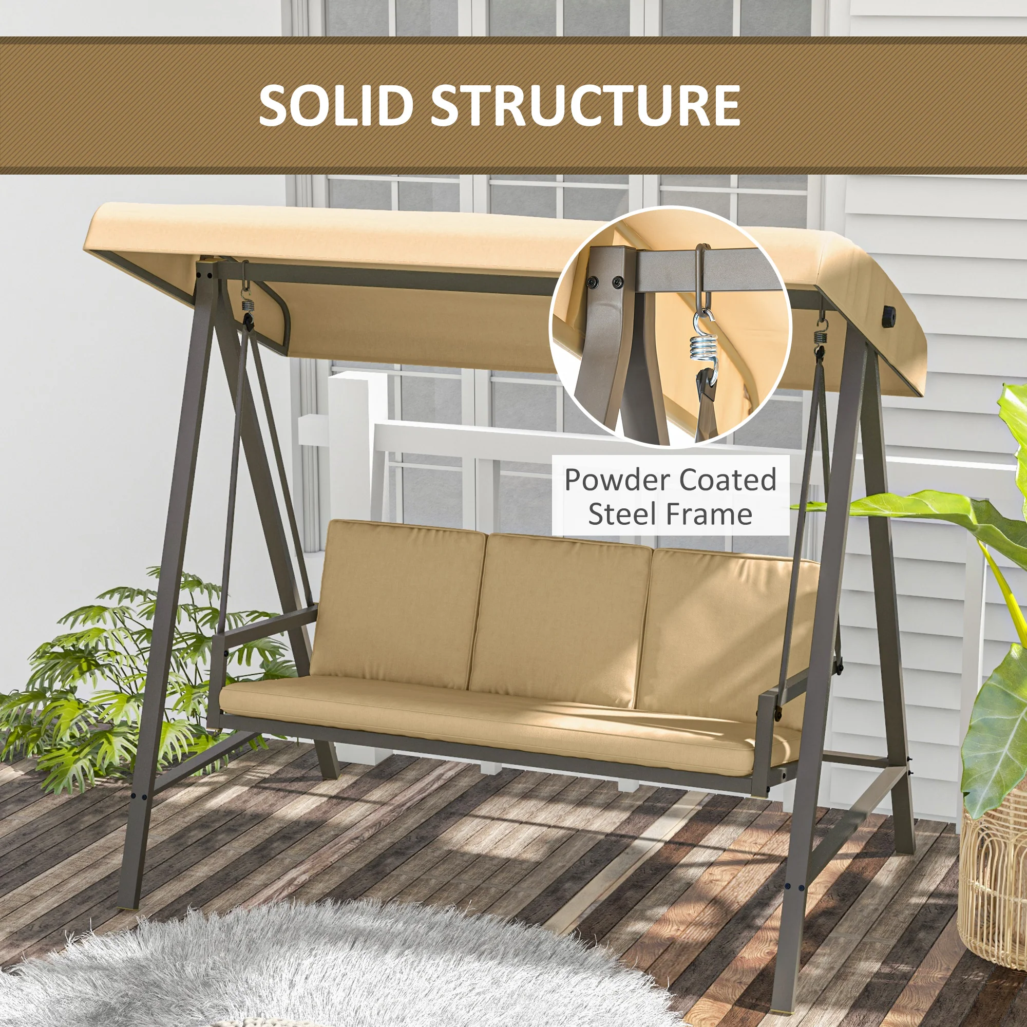 3-Seat Patio Swing Chair with Adjustable Canopy and Removable Cushions for Porch, Beige - Image 6