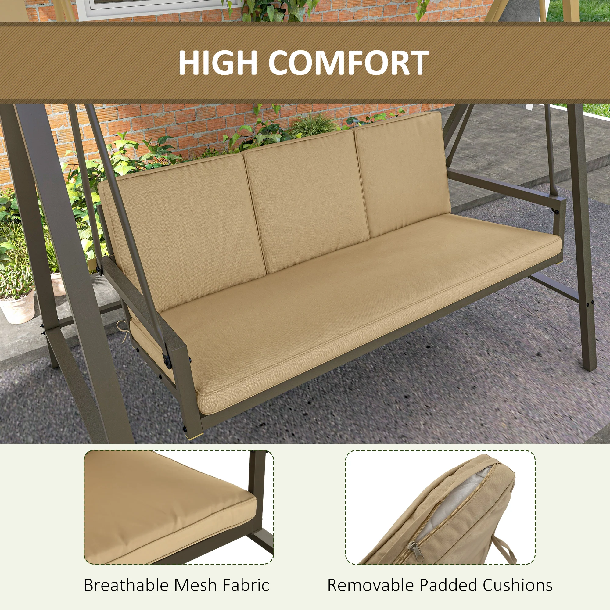 3-Seat Patio Swing Chair with Adjustable Canopy and Removable Cushions for Porch, Beige - Image 7