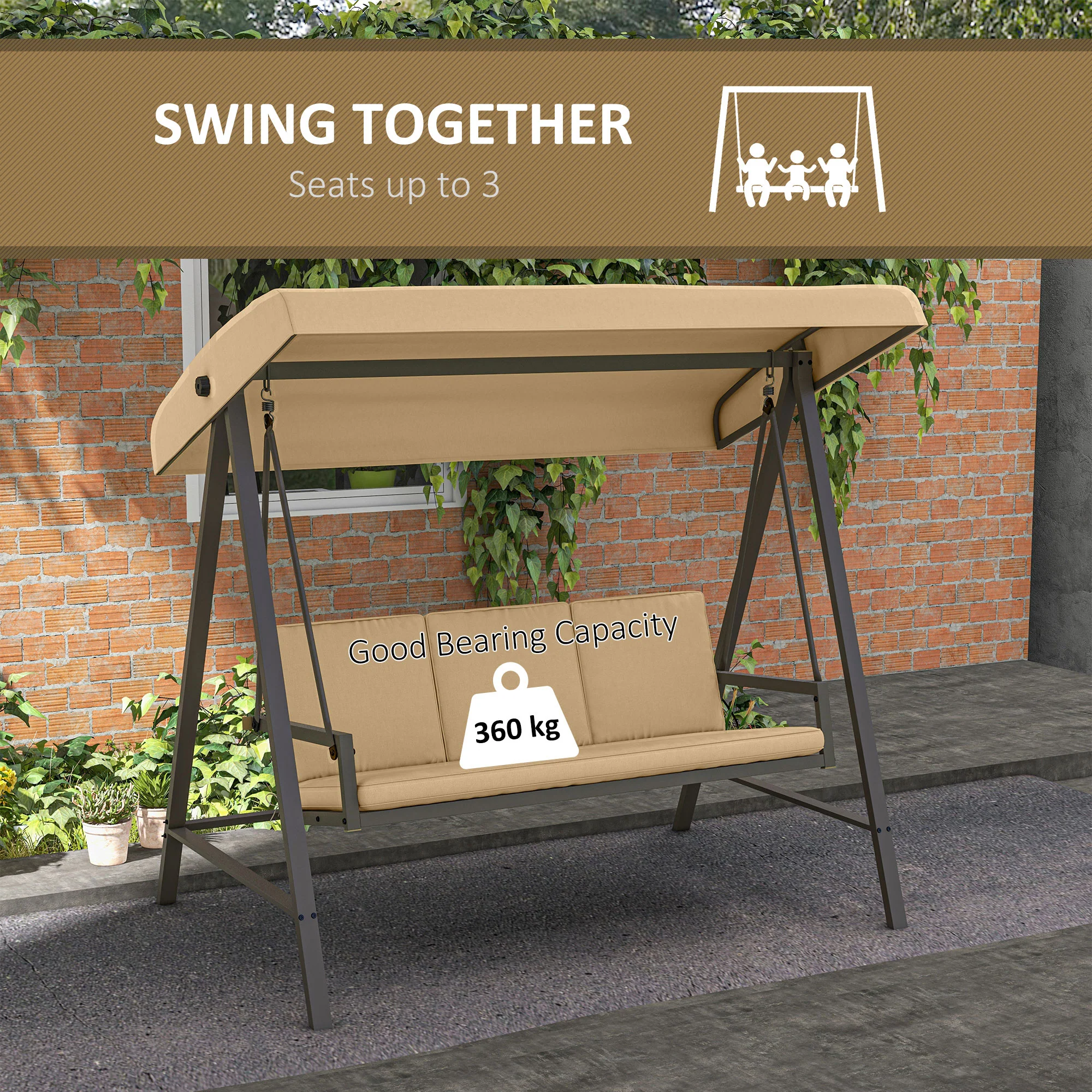 3-Seat Patio Swing Chair with Adjustable Canopy and Removable Cushions for Porch, Beige - Image 9