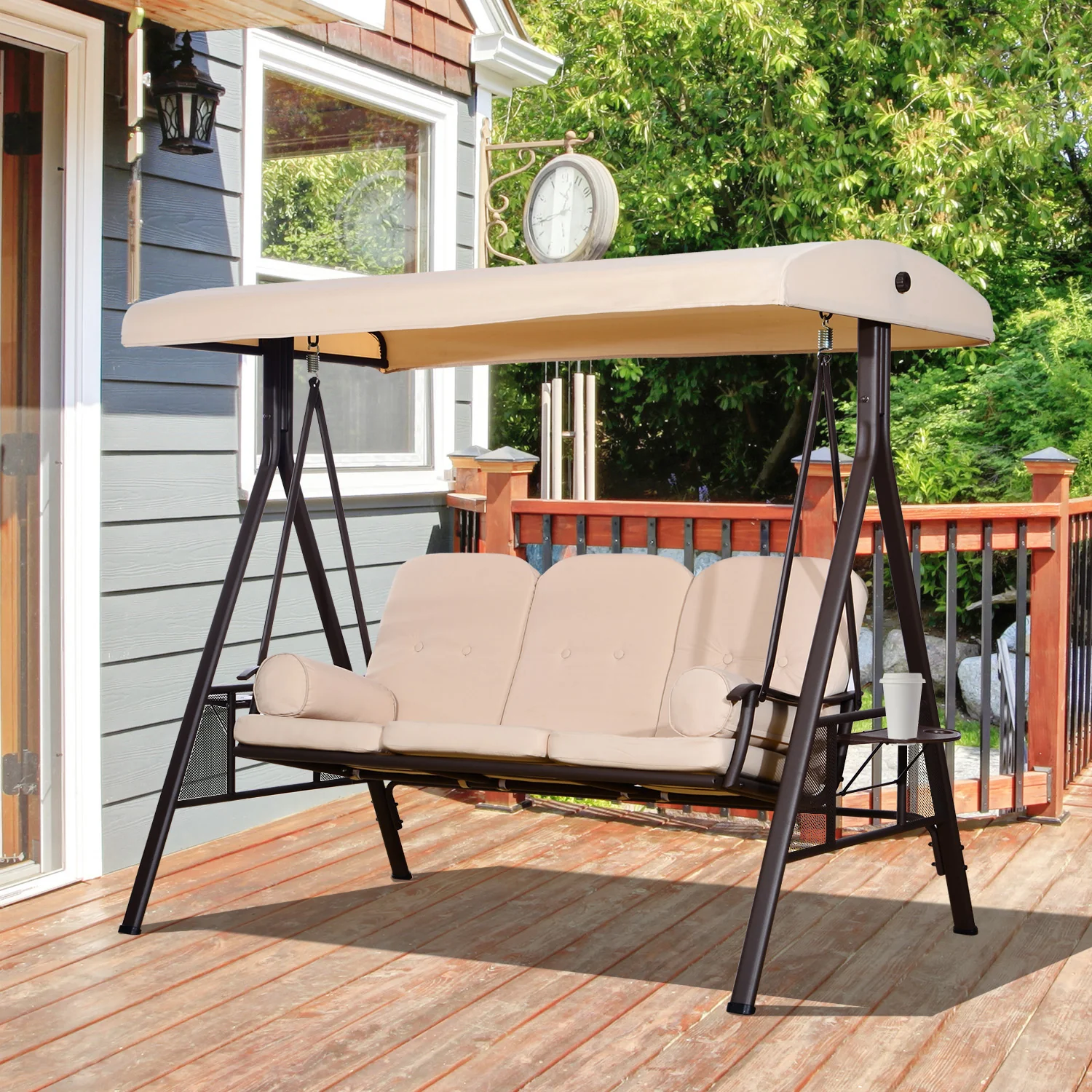 3 Seater Porch Swing Chair, Outdoor Lounge Hammock Cushioned Seat w/ Tilt Canopy, Beige - Image 3