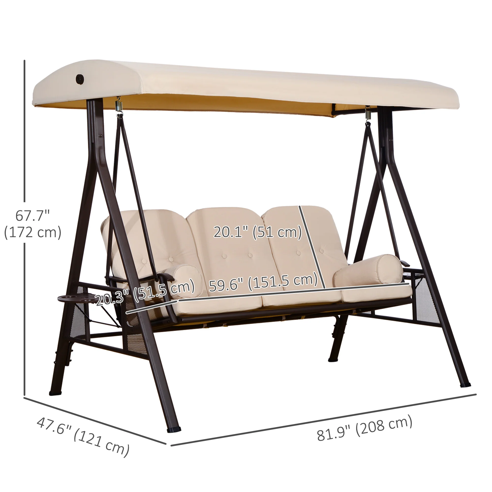 3 Seater Porch Swing Chair, Outdoor Lounge Hammock Cushioned Seat w/ Tilt Canopy, Beige - Image 5