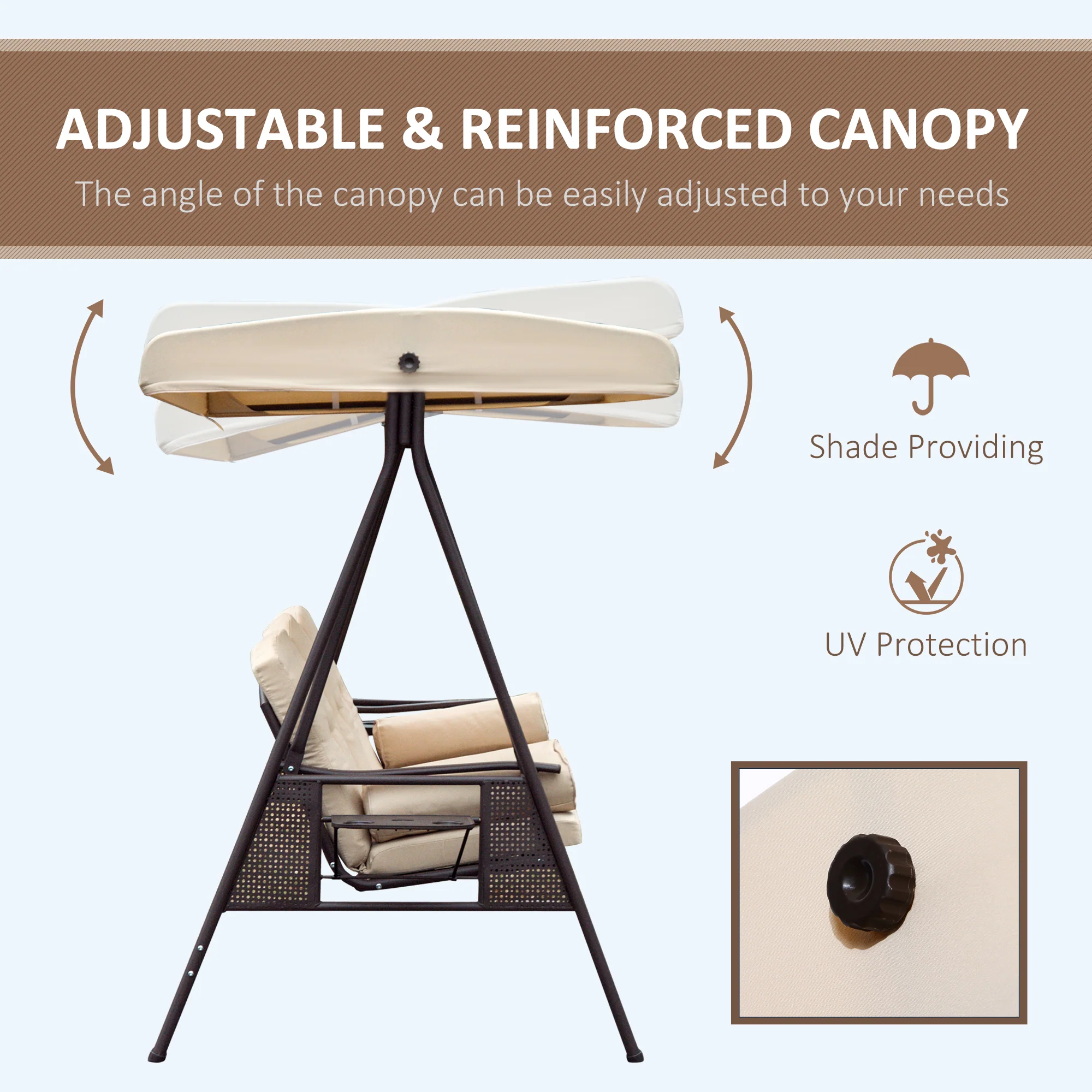 3 Seater Porch Swing Chair, Outdoor Lounge Hammock Cushioned Seat w/ Tilt Canopy, Beige - Image 6