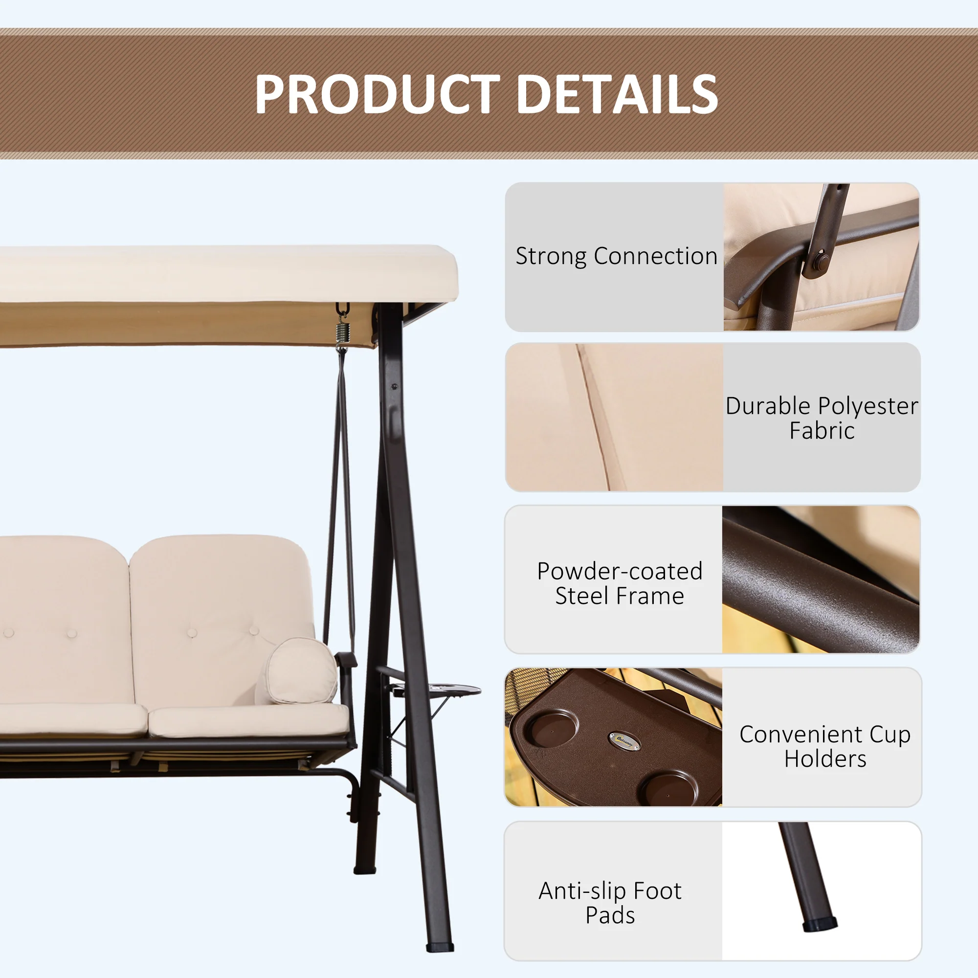 3 Seater Porch Swing Chair, Outdoor Lounge Hammock Cushioned Seat w/ Tilt Canopy, Beige - Image 7