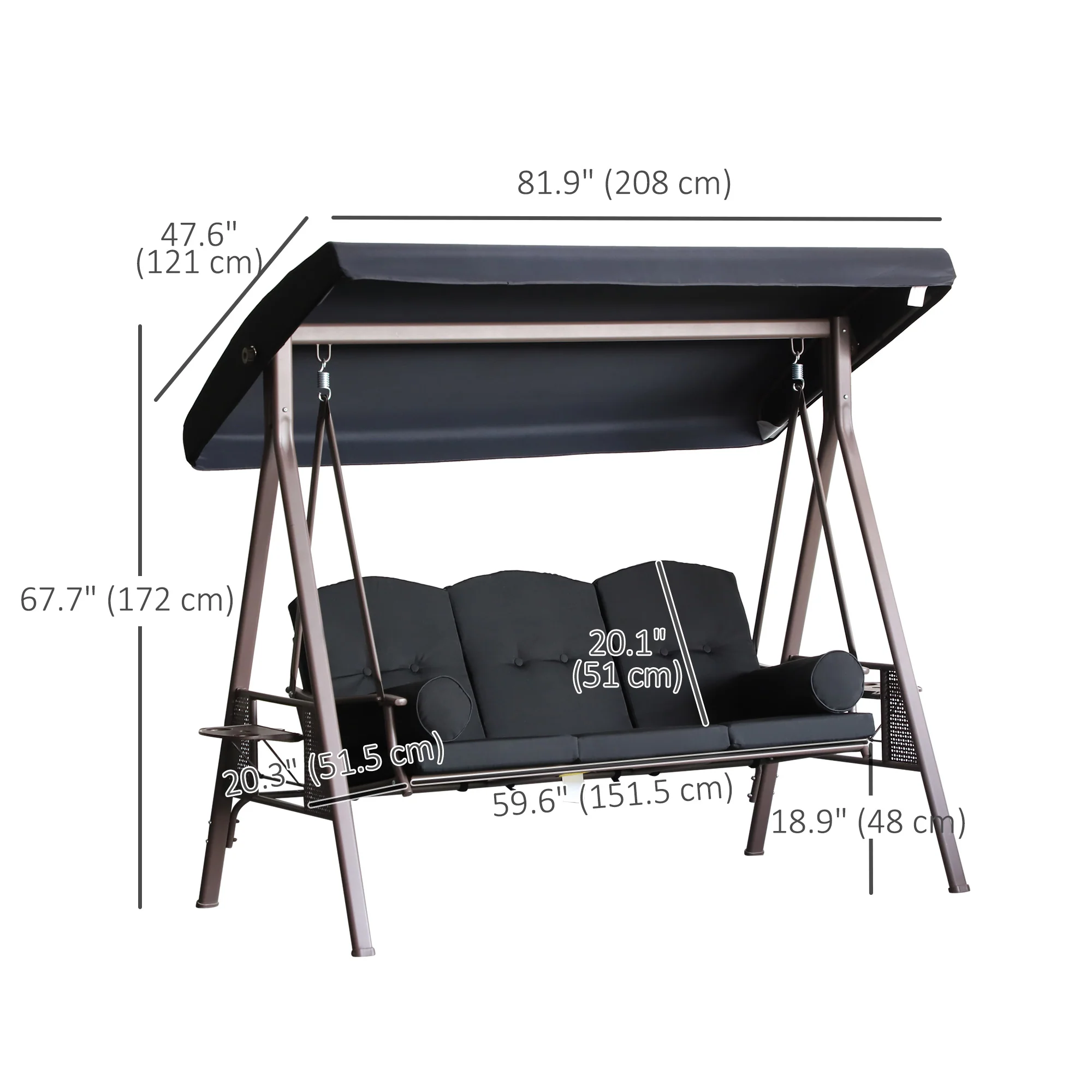 3 Seater Porch Swing Chair, Outdoor Lounge Hammock Cushioned Seat w/ Tilt Canopy, Black - Image 5