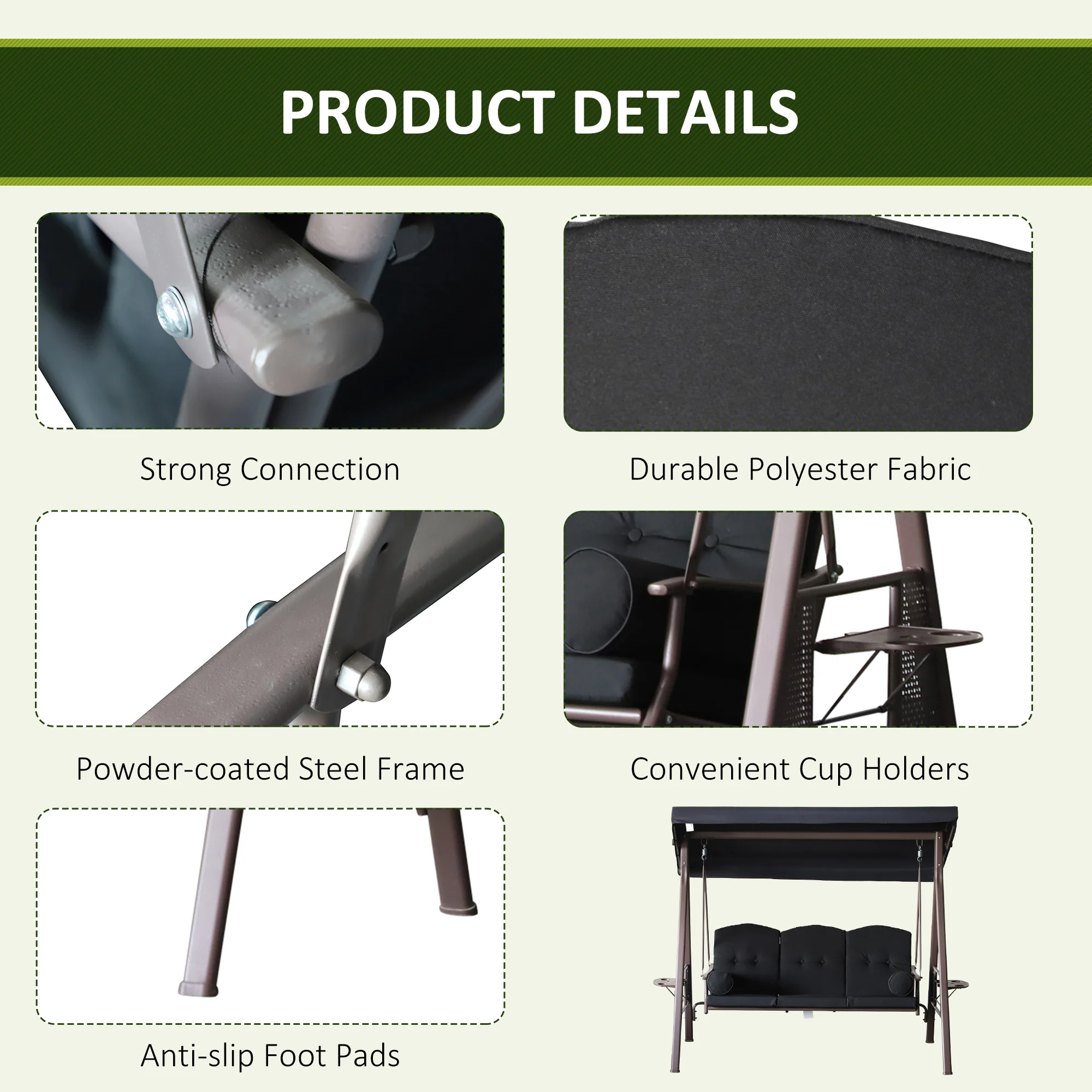 3 Seater Porch Swing Chair, Outdoor Lounge Hammock Cushioned Seat w/ Tilt Canopy, Black - Image 7