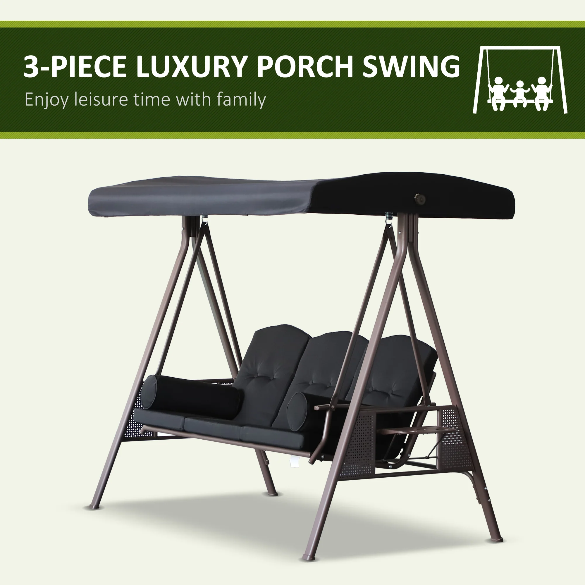 3 Seater Porch Swing Chair, Outdoor Lounge Hammock Cushioned Seat w/ Tilt Canopy, Black - Image 9