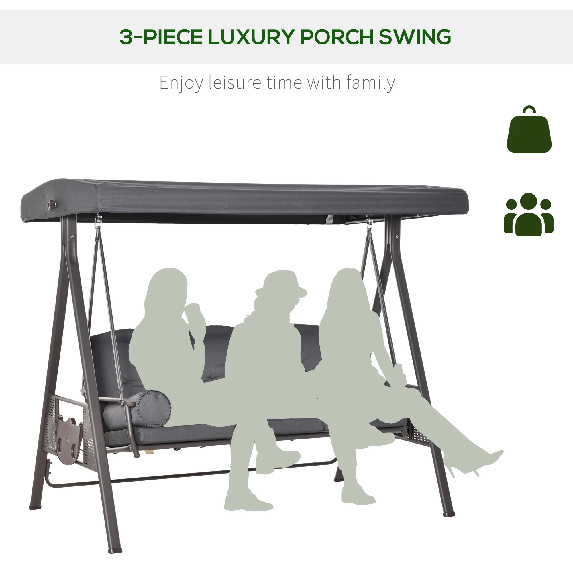 3-Person Outdoor Canopy Cushioned Swing Chair with Included Side Trays, Dark Grey - Image 10