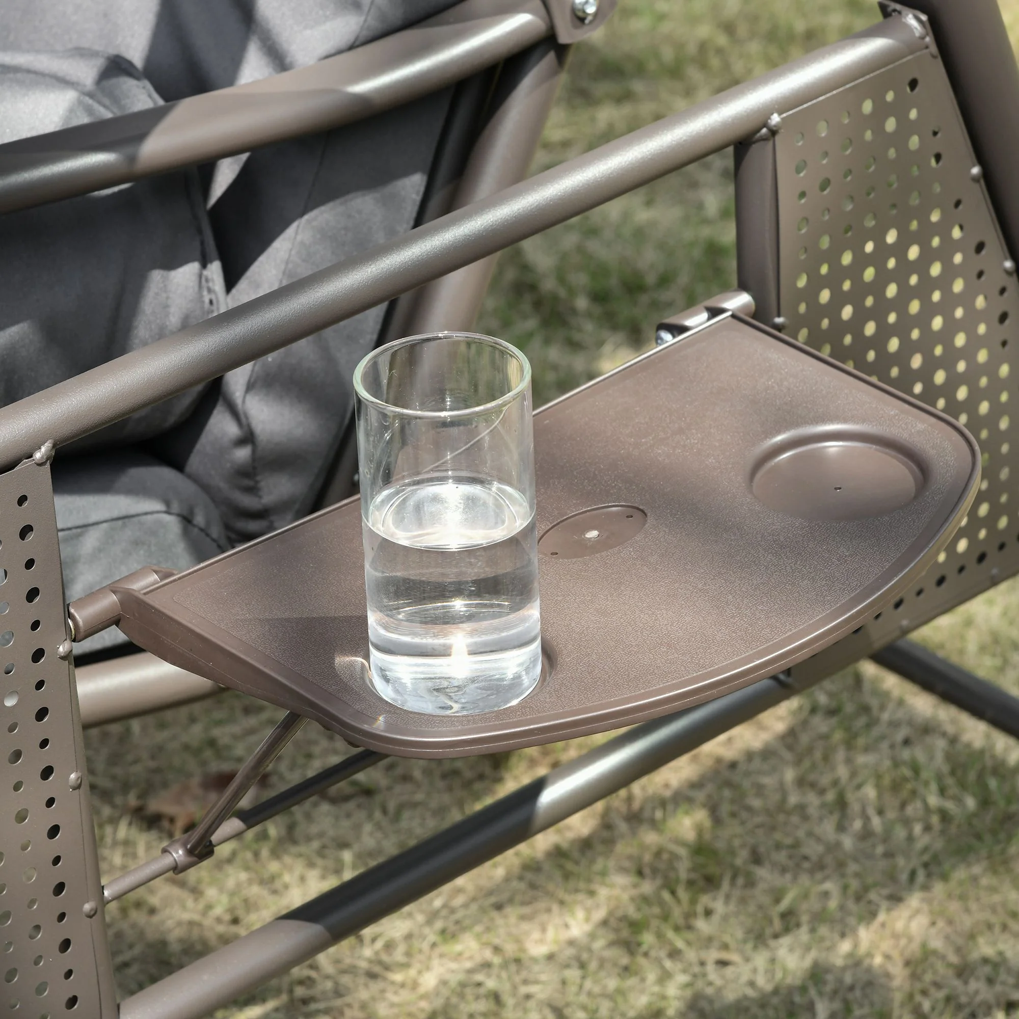 3-Person Outdoor Canopy Cushioned Swing Chair with Included Side Trays, Dark Grey - Image 11