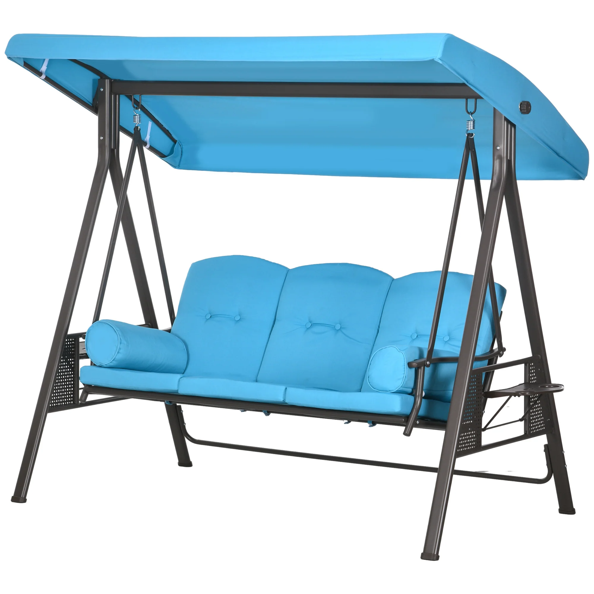 3-Person Outdoor Canopy Cushioned Swing Chair with Included Side Trays, Light Blue - Image 2