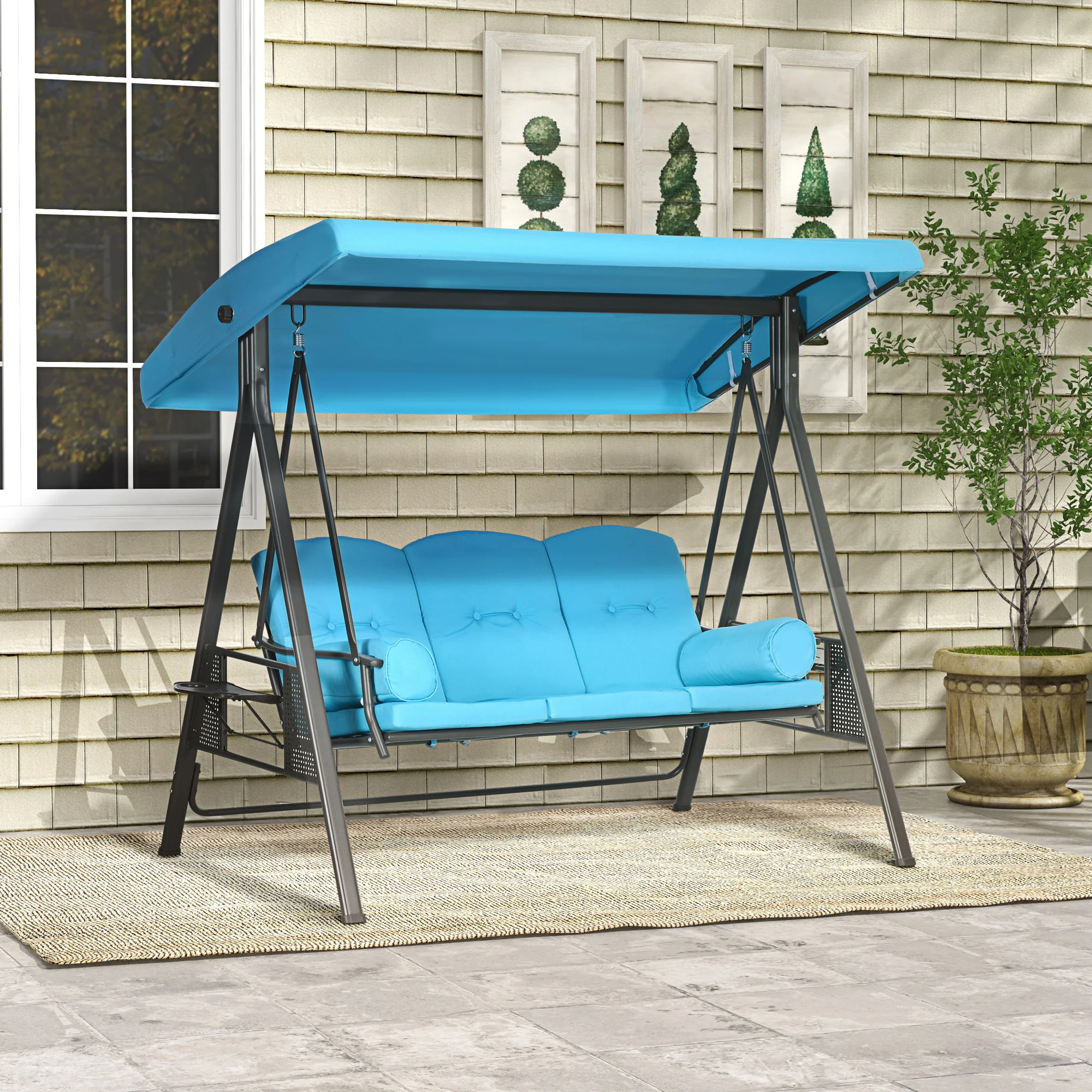 3-Person Outdoor Canopy Cushioned Swing Chair with Included Side Trays, Light Blue - Image 3