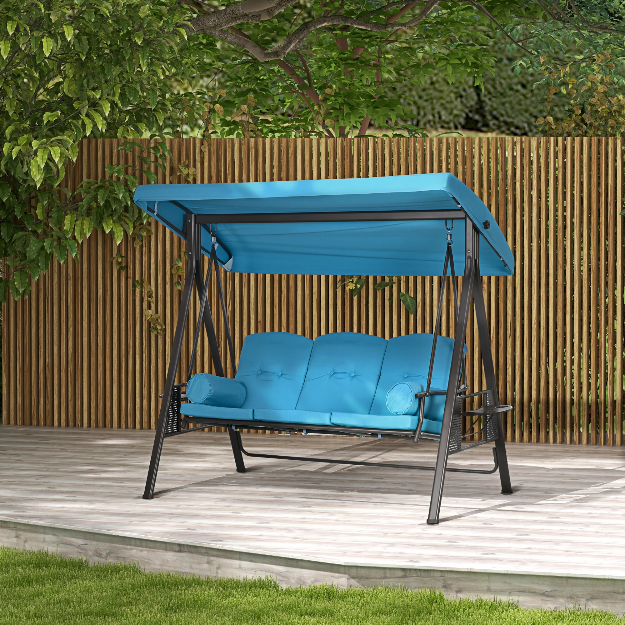 3-Person Outdoor Canopy Cushioned Swing Chair with Included Side Trays, Light Blue - Image 4